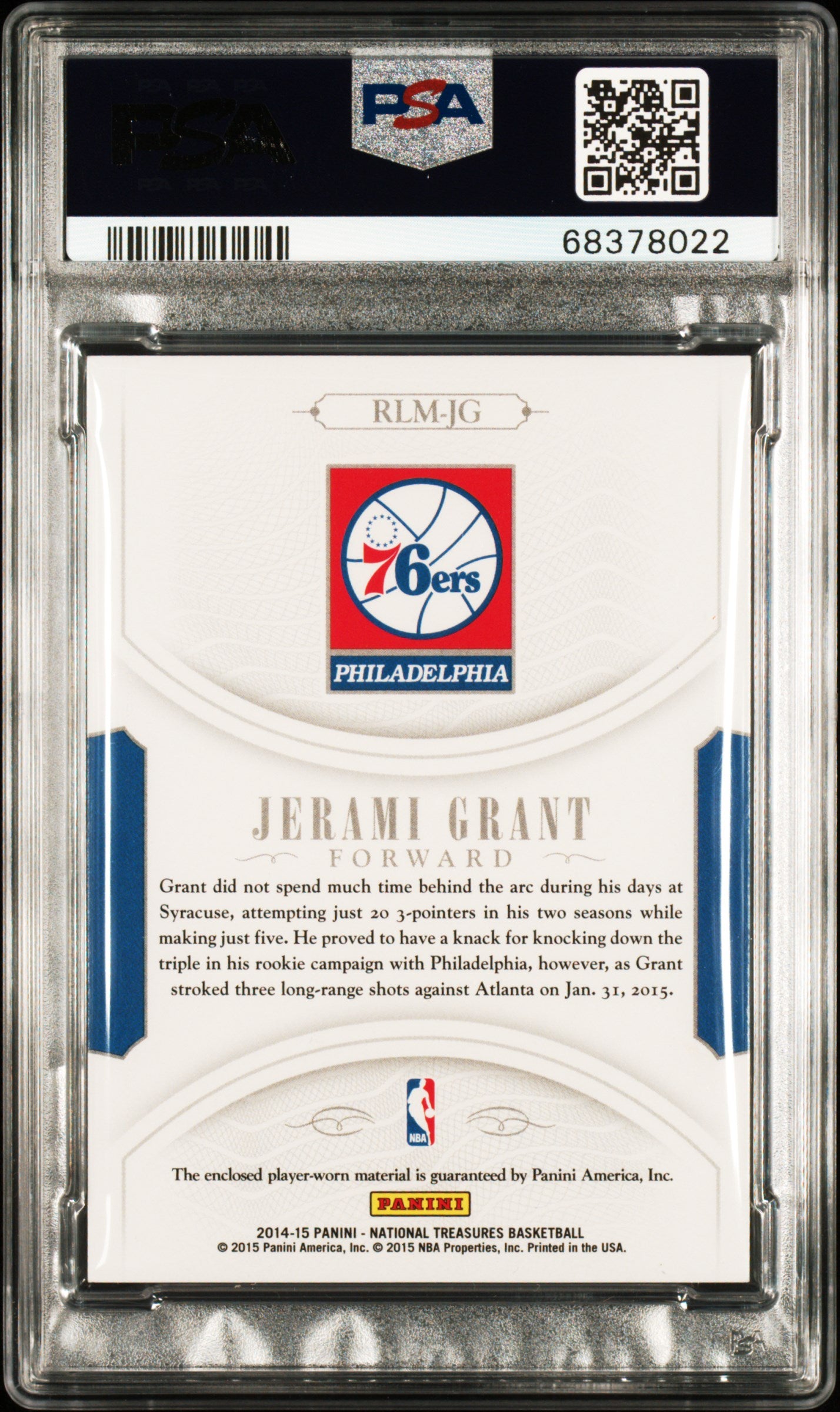 2014 National Treasures Jerami Grant #RLM-JG NBA Rookie Materials Logoman /5 PSA 9