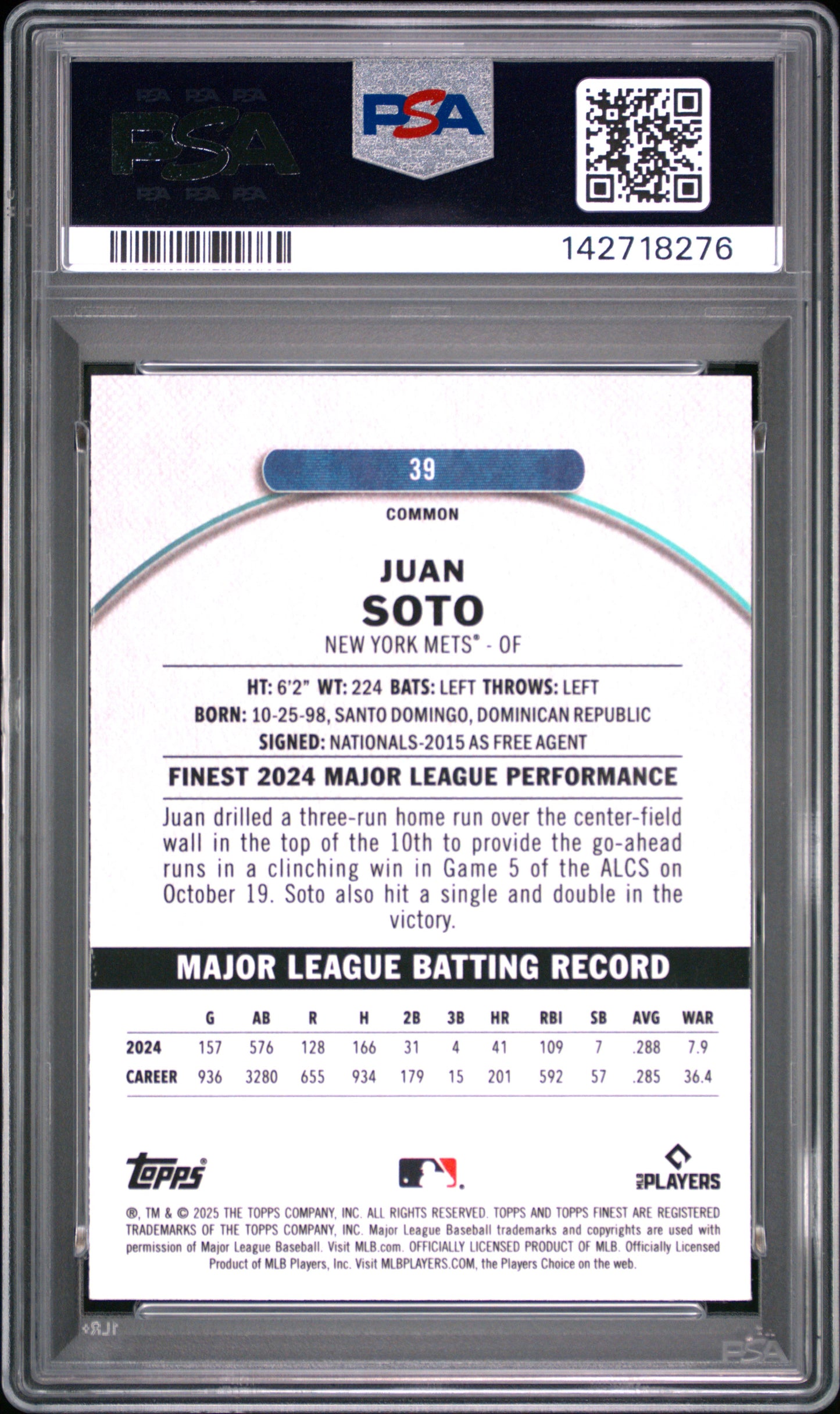 2025 Topps Finest Juan Soto #39 Sky Blue Refractor PSA 10