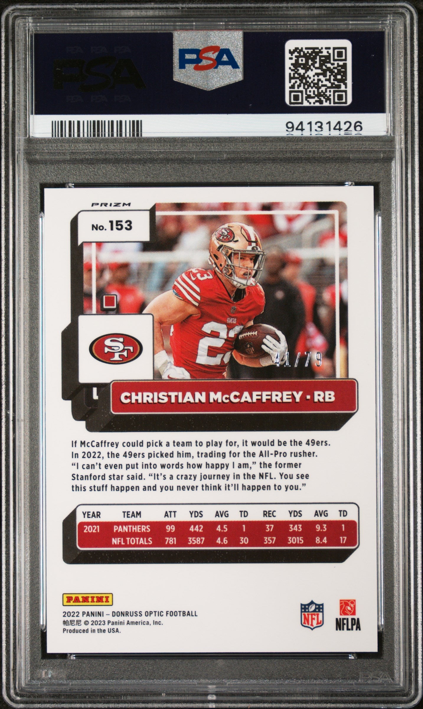 2022 Panini Donruss Optic Christian Mccaffrey #153 Pink Velocity PSA 10
