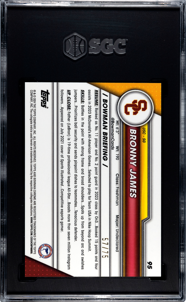 2023 Bowman U Chrome Bronny James #95 Yellow Refractor /75 SGC 10