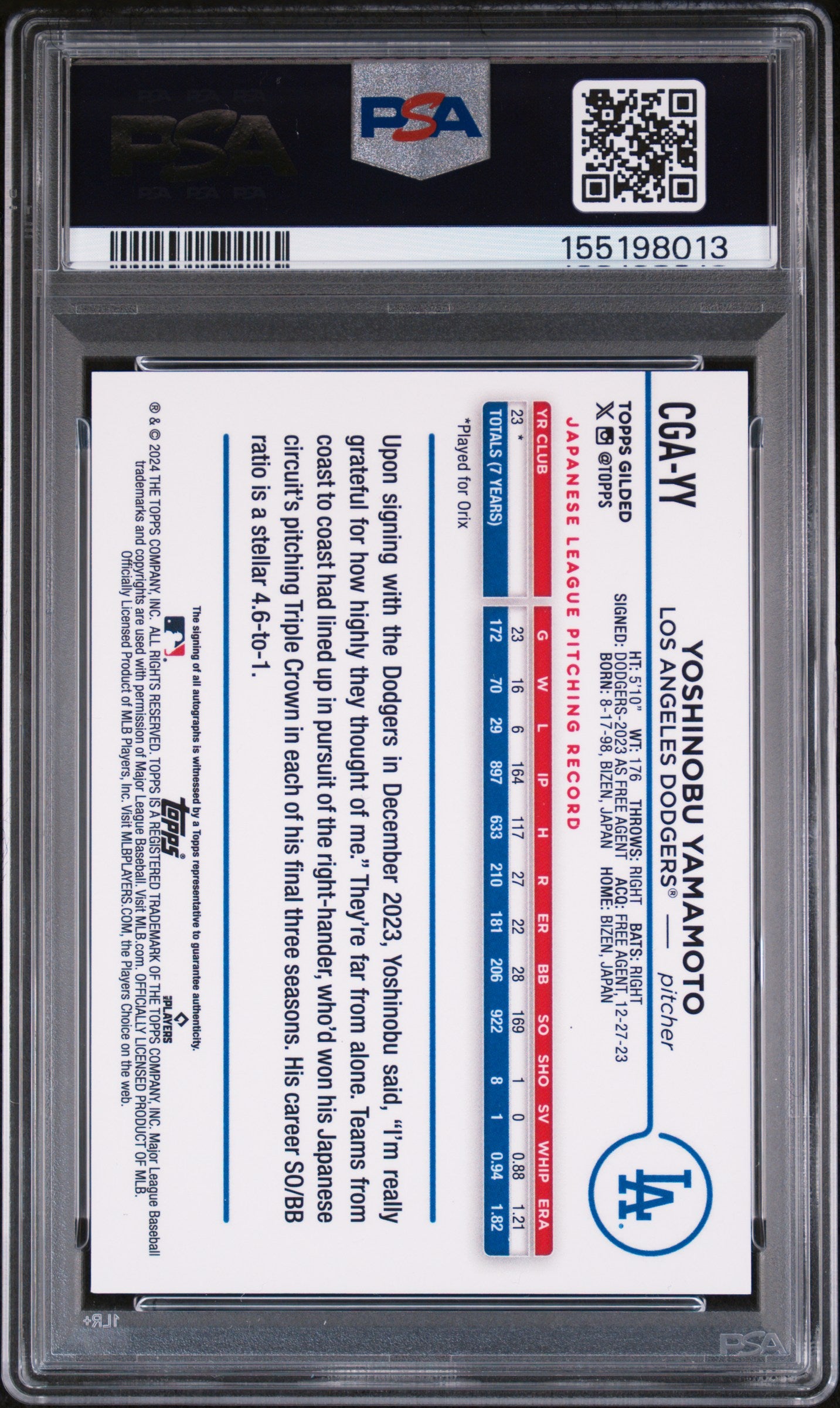 2024 Topps Gilded Coll Chrome Gold Auto Yoshinobu Yamamoto #CGAYY Blue /50 PSA 8