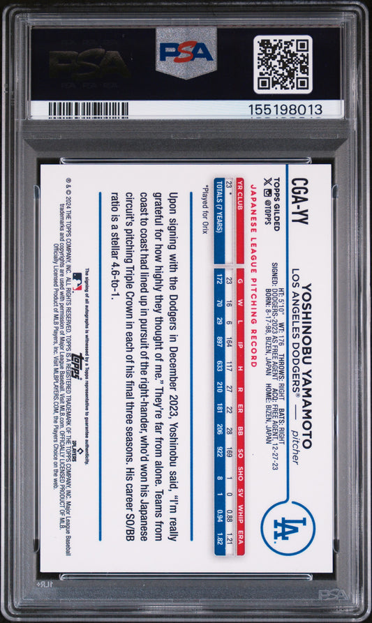2024 Topps Gilded Coll Chrome Gold Auto Yoshinobu Yamamoto #CGAYY Blue /50 PSA 8
