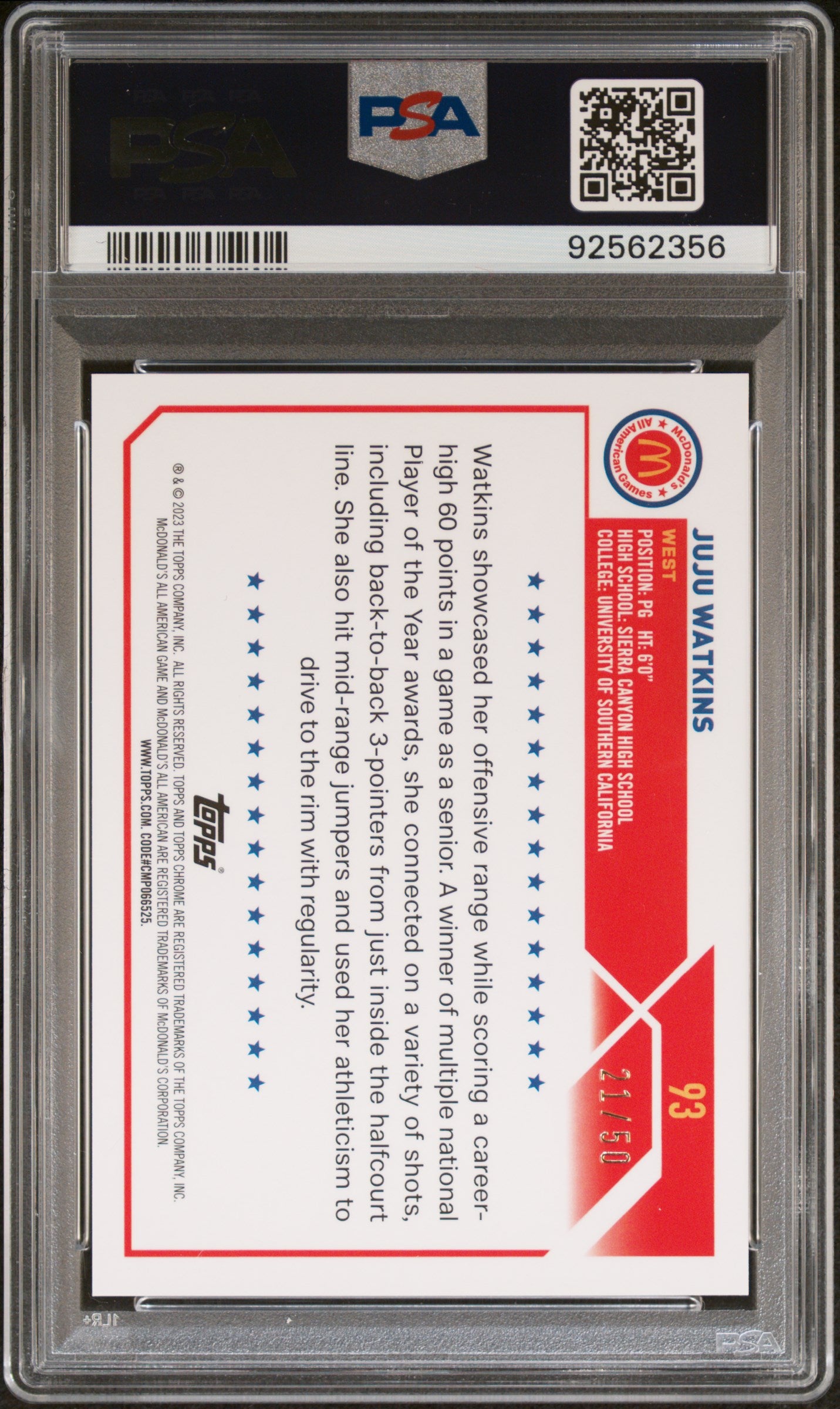 2023 Topps Chrome Mcdonald's All-American Juju Watkins #93 Gold Ref /50 PSA 9