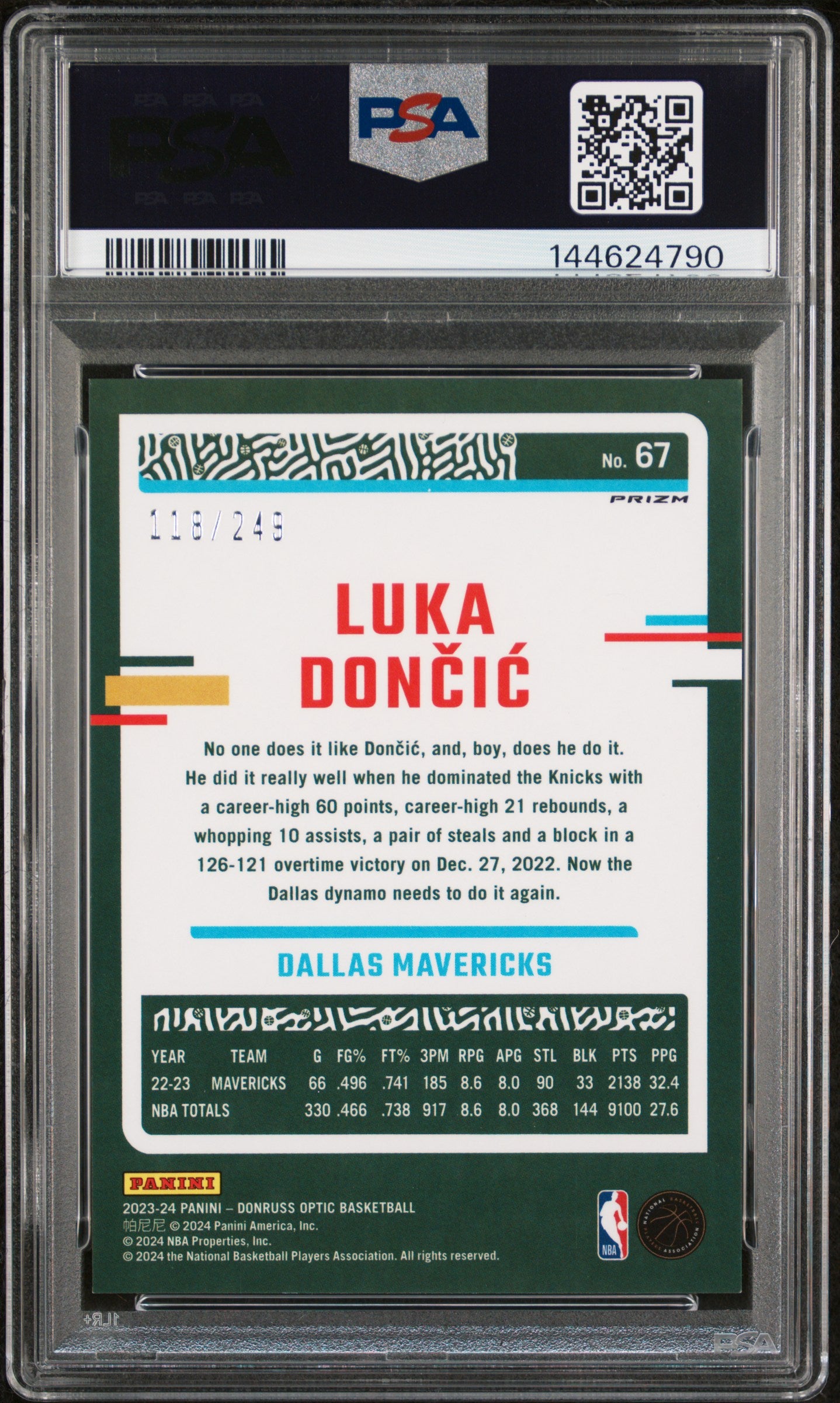 2023 Panini Donruss Optic Luka Doncic #67 Blue Seismic PSA 8