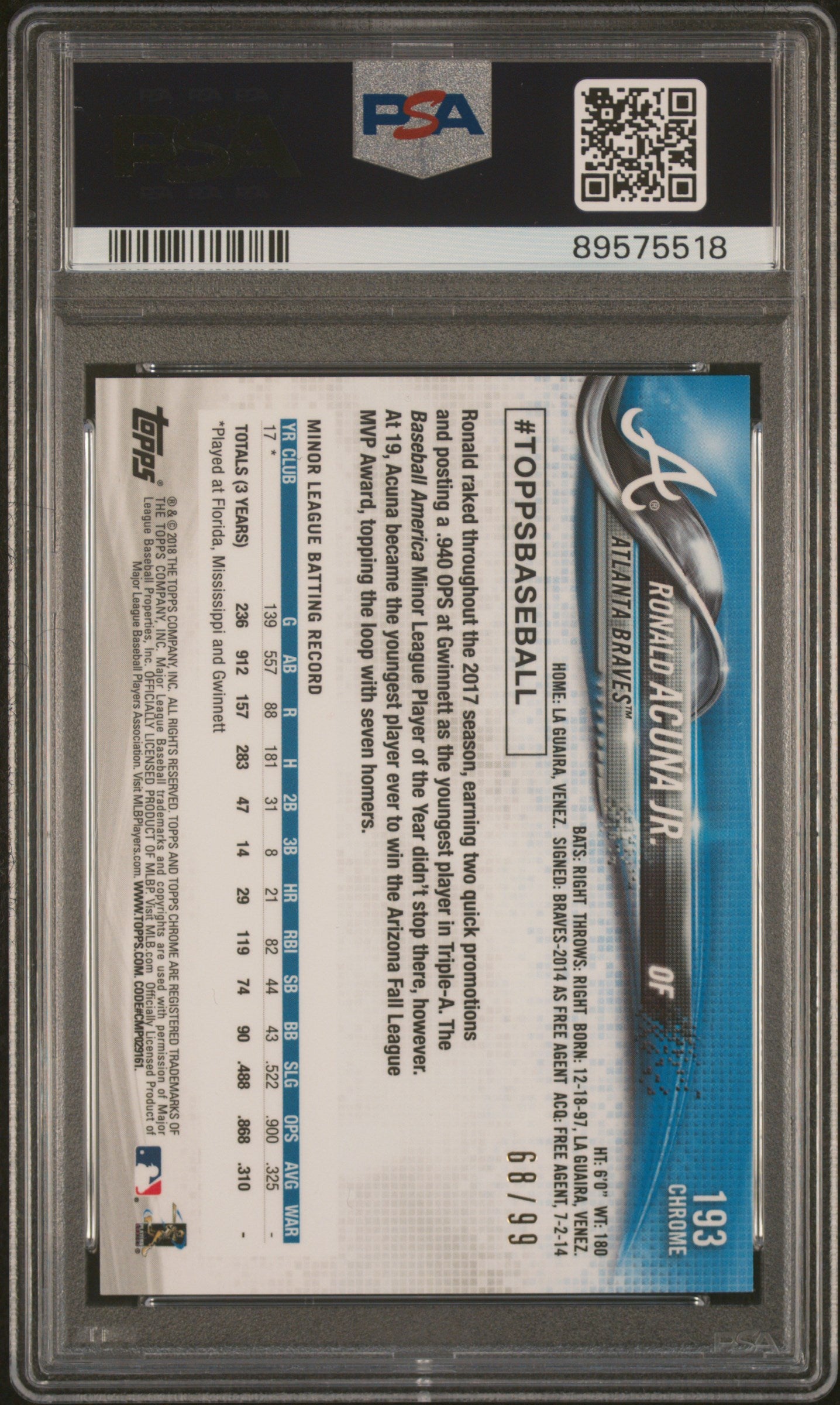 2018 Topps Chrome Ronald Acuna JR. #193 Green Refractor PSA 10 Rookie Card RC