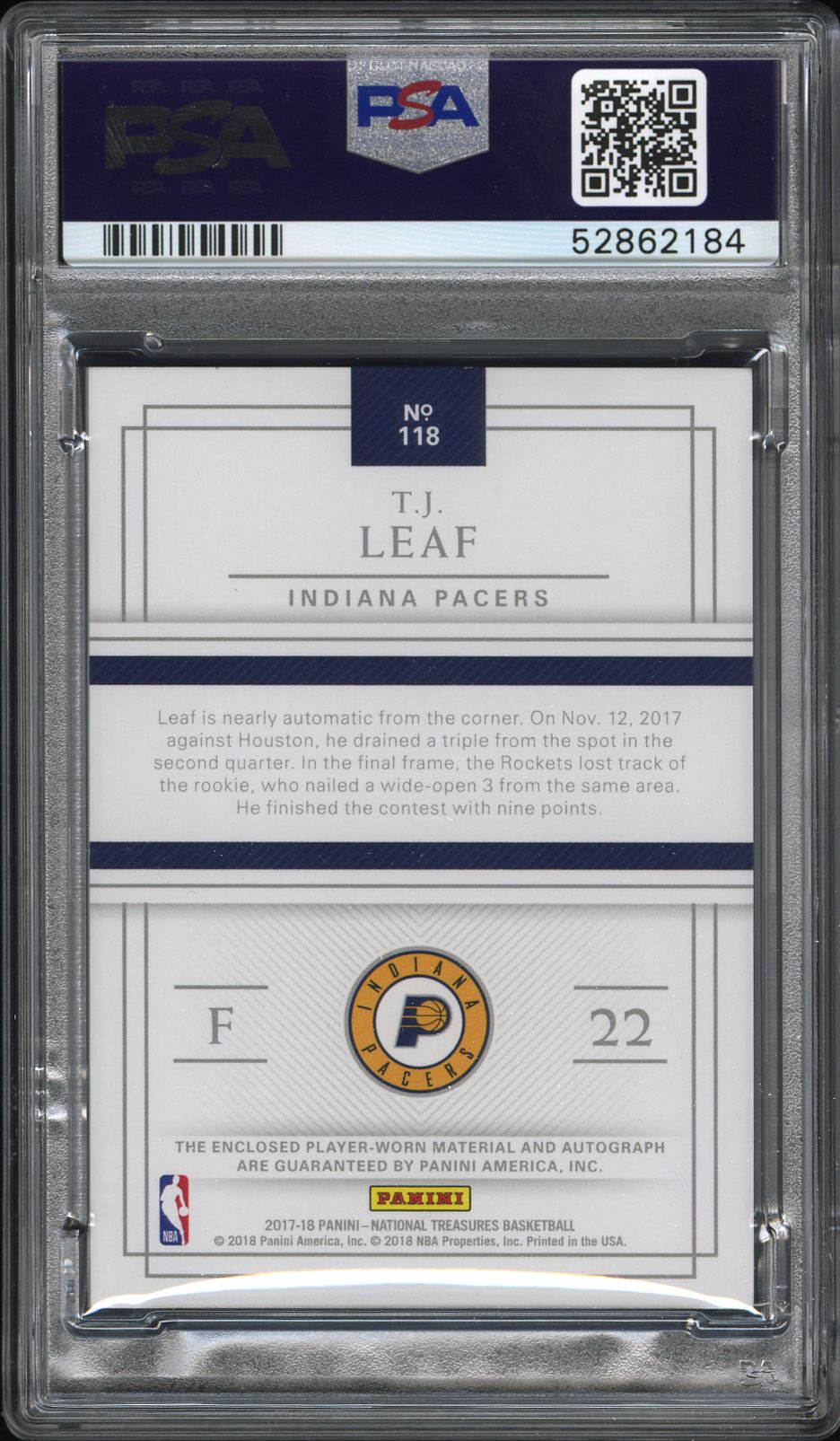 2017 Panini National Treasures T. J. Leaf #118 1/1 PSA 10 Auto 10