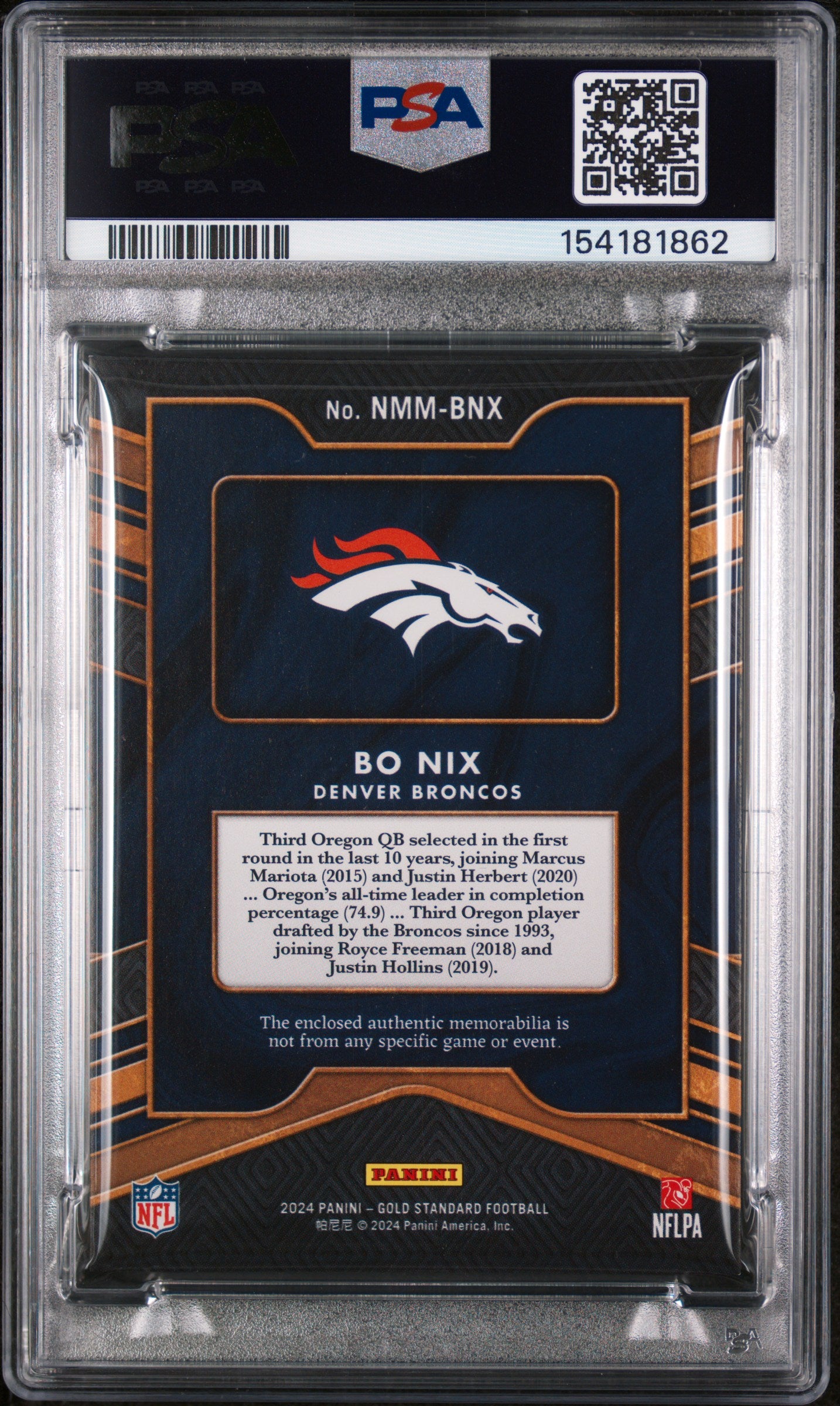 2024 Panini Gold Standard Newly Minted Memorabilia Bo Nix #NMMBNX PSA 9