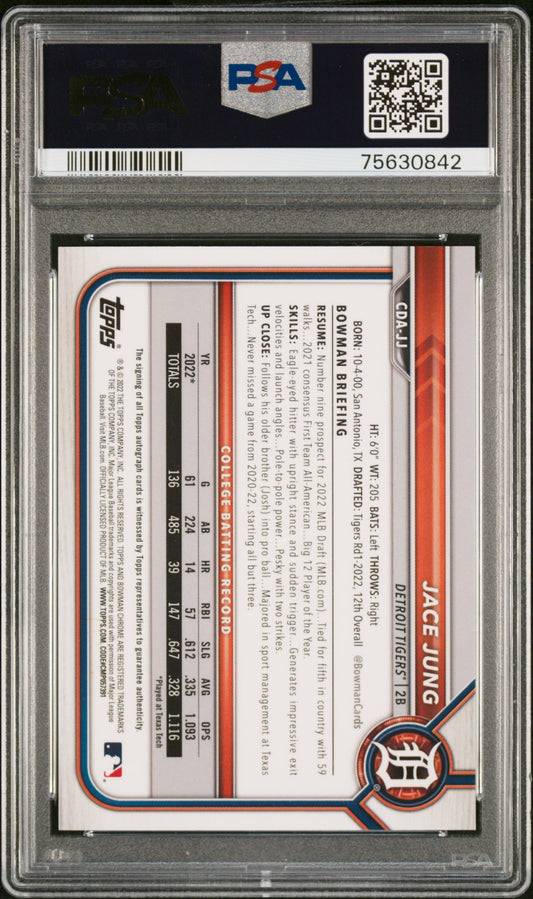 2022 Bowman Draft Chrome Draft Pick Jace Jung Auto Sparkle Refractor PSA 10