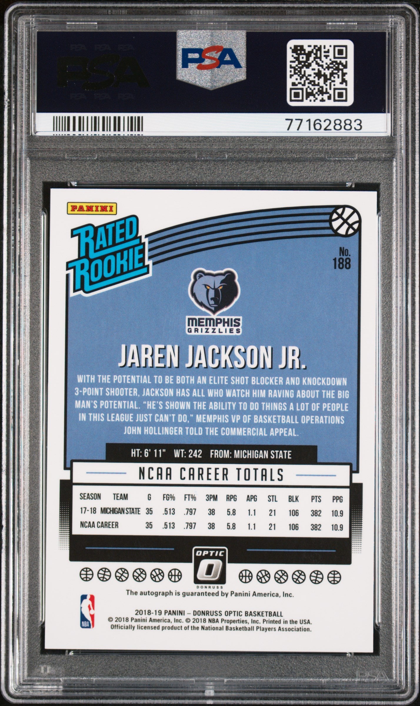2018 Panini Donruss Optic Jaren Jackson JR. #188 Autograph PSA 9