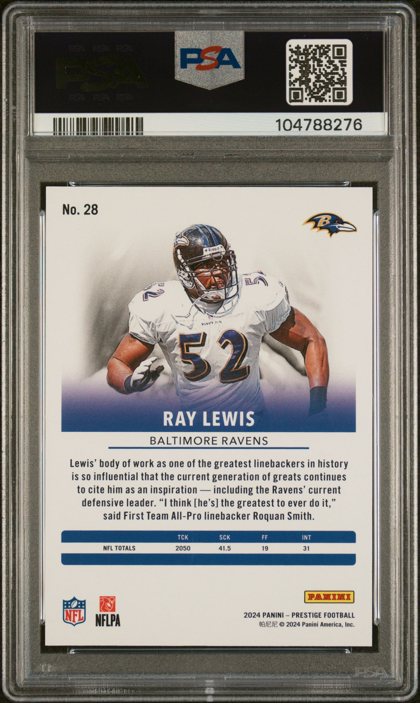 2024 Panini Prestige Ray Lewis #28 Pink Premium Xtra Points 11/25 PSA 9
