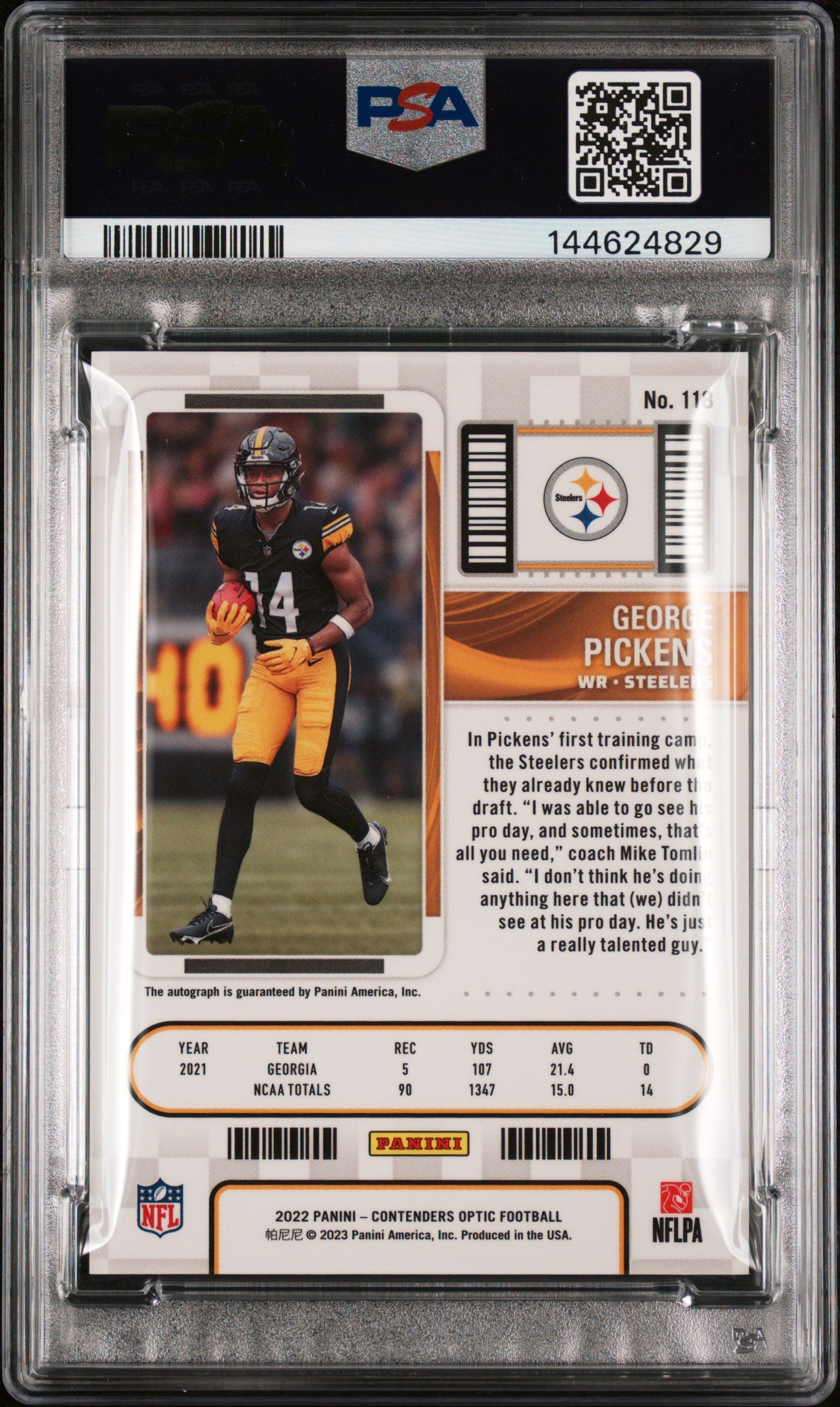 2022 Panini Contenders Optic George Pickens #118 Autograph PSA 9