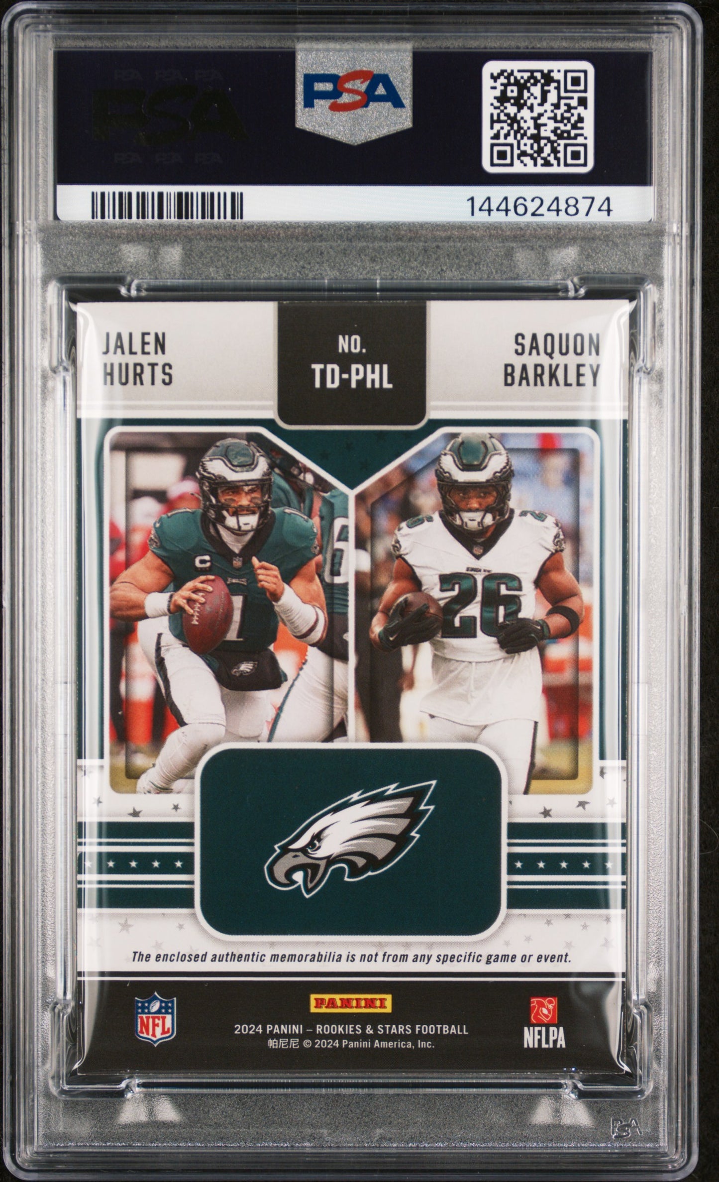 2024 Panini Rookies & Stars Team Duals Relics Hurts Barkley #TDPHL PSA 8