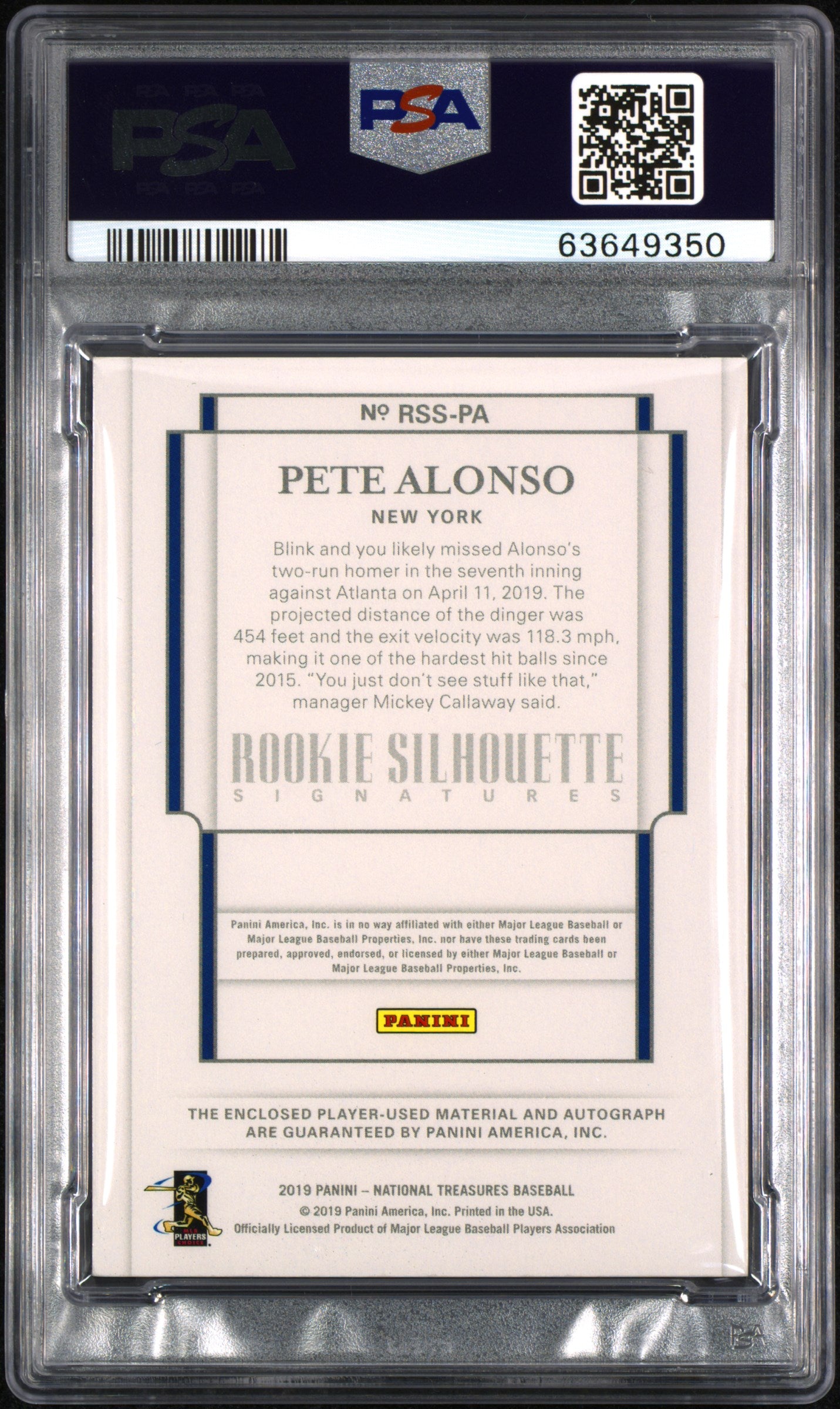 2019 National Treasures Pete Alonso #PA Rookie Silhouette Signatures /12 PSA 8