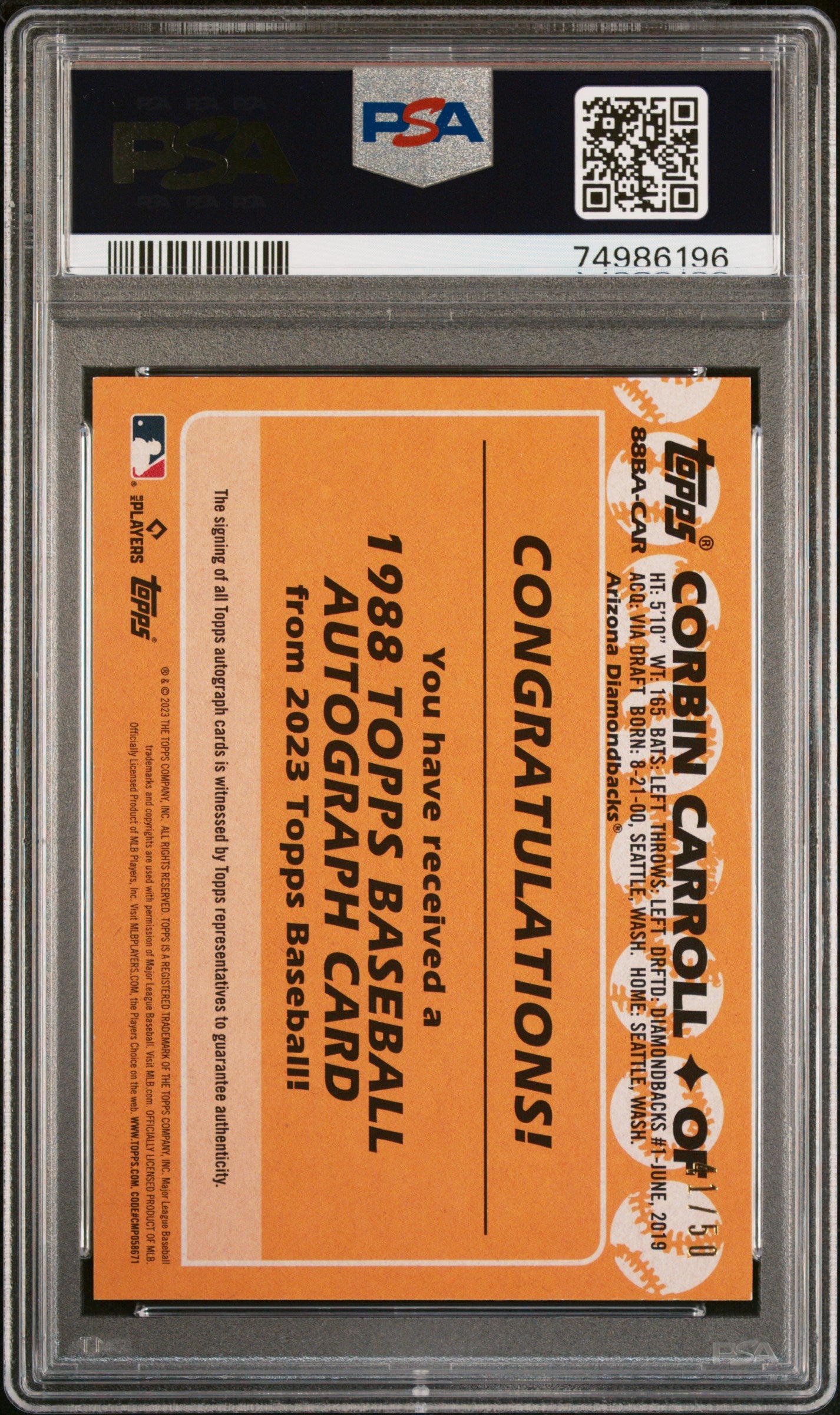 2023 1988 Topps Baseball Autographs Corbin Carroll #88BACAR Gold PSA 8
