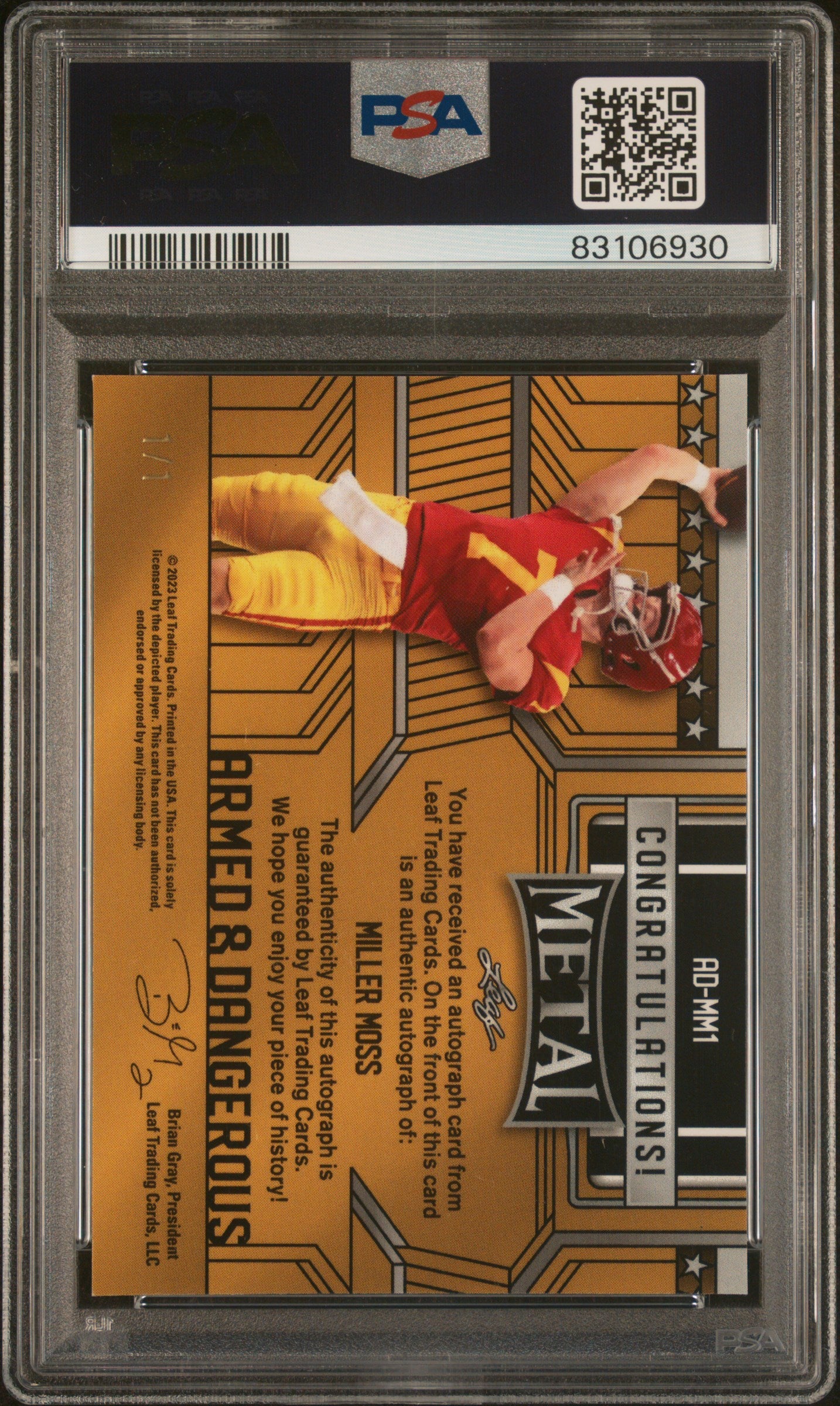 2023 Leaf Metal Miller Moss #ADMM1 Armed & Dangerous Autographs Gold 1/1 PSA 10
