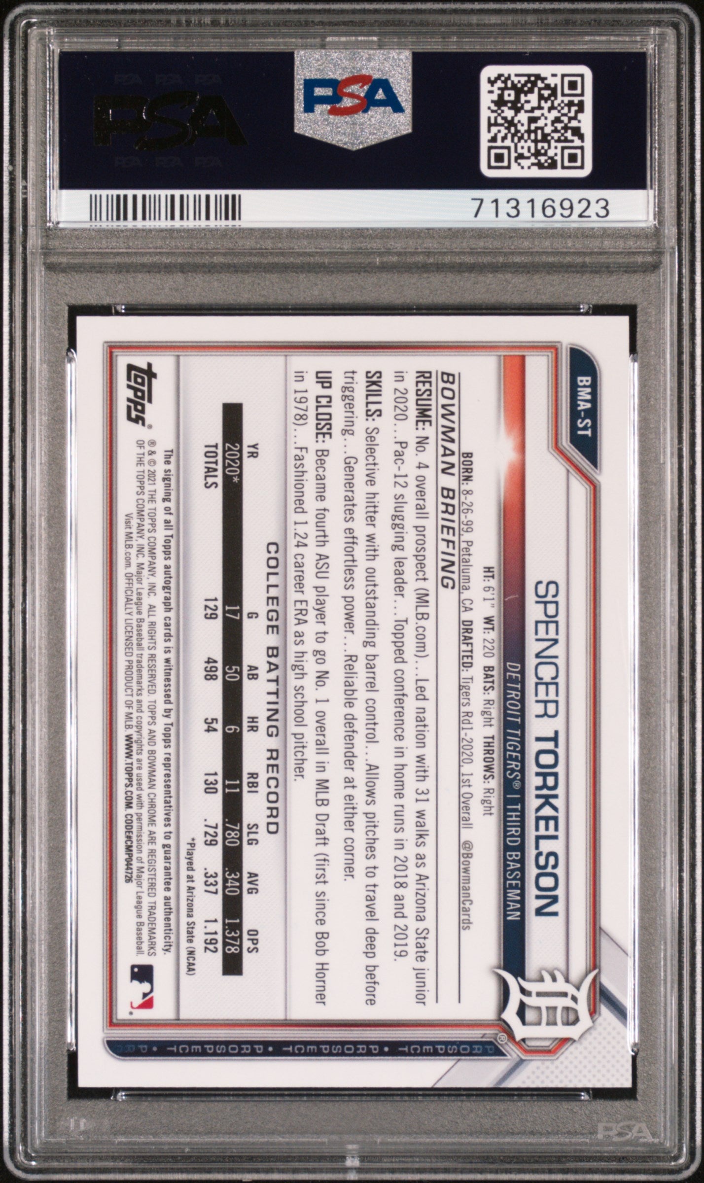 2021 Bowman Mega Box Chrome Autographs Spencer Torkelson #BMAST PSA 10 Auto 10