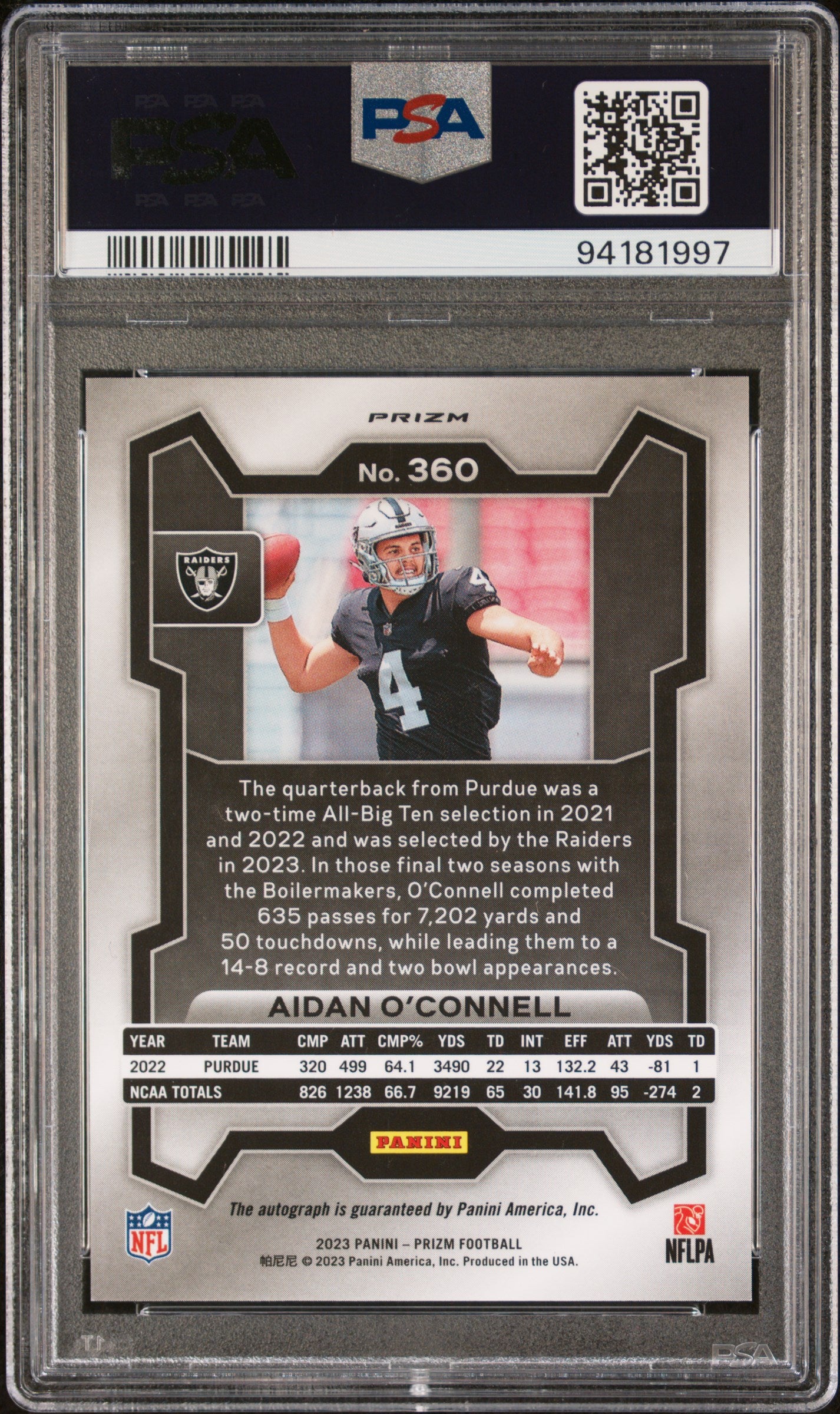 2023 Panini Prizm Aidan O'connell #360 Autograph No Huddle PSA 10 Auto 10