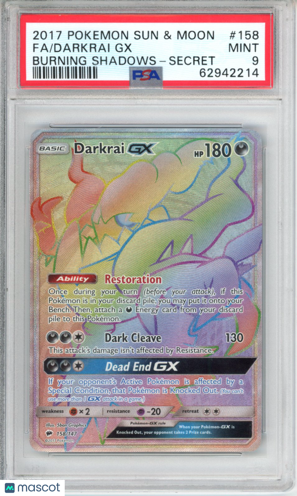 2017 Pokemon Sun & Moon Burning Shadows Darkrai GX #158 Burning Shadows-Secret Fa PSA 9