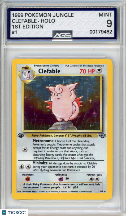 1999 Pokemon Jungle Clefable #001 1st Edition AGS 9