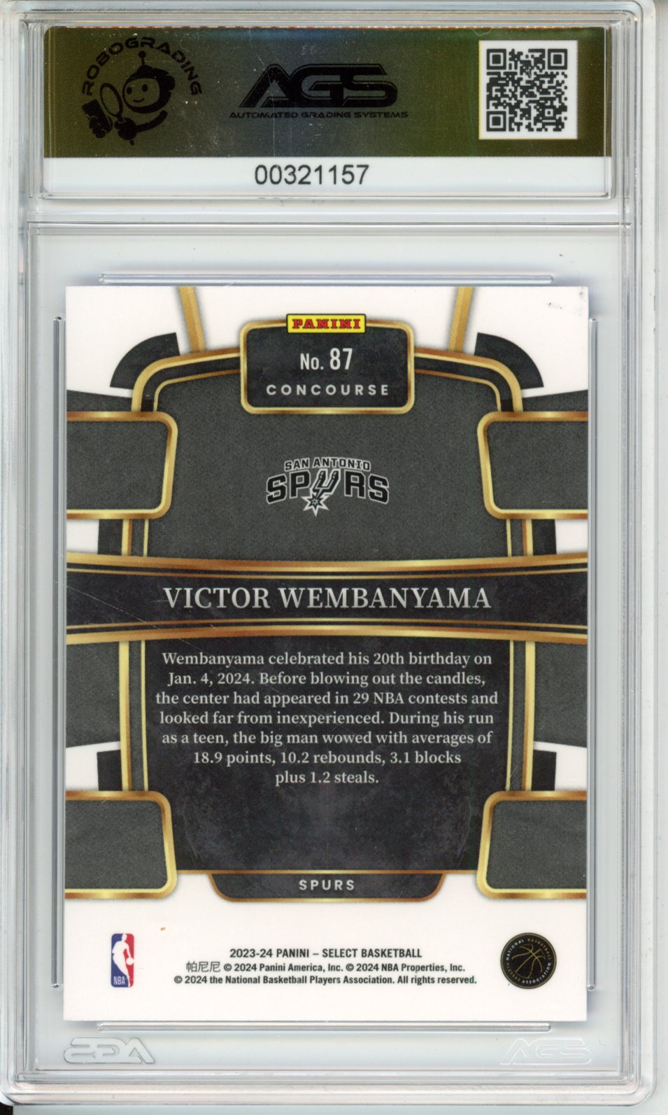 Panini 2023-24 SELECT VICTOR WEMBANYAMA #87 BLUE English AGS 9.5