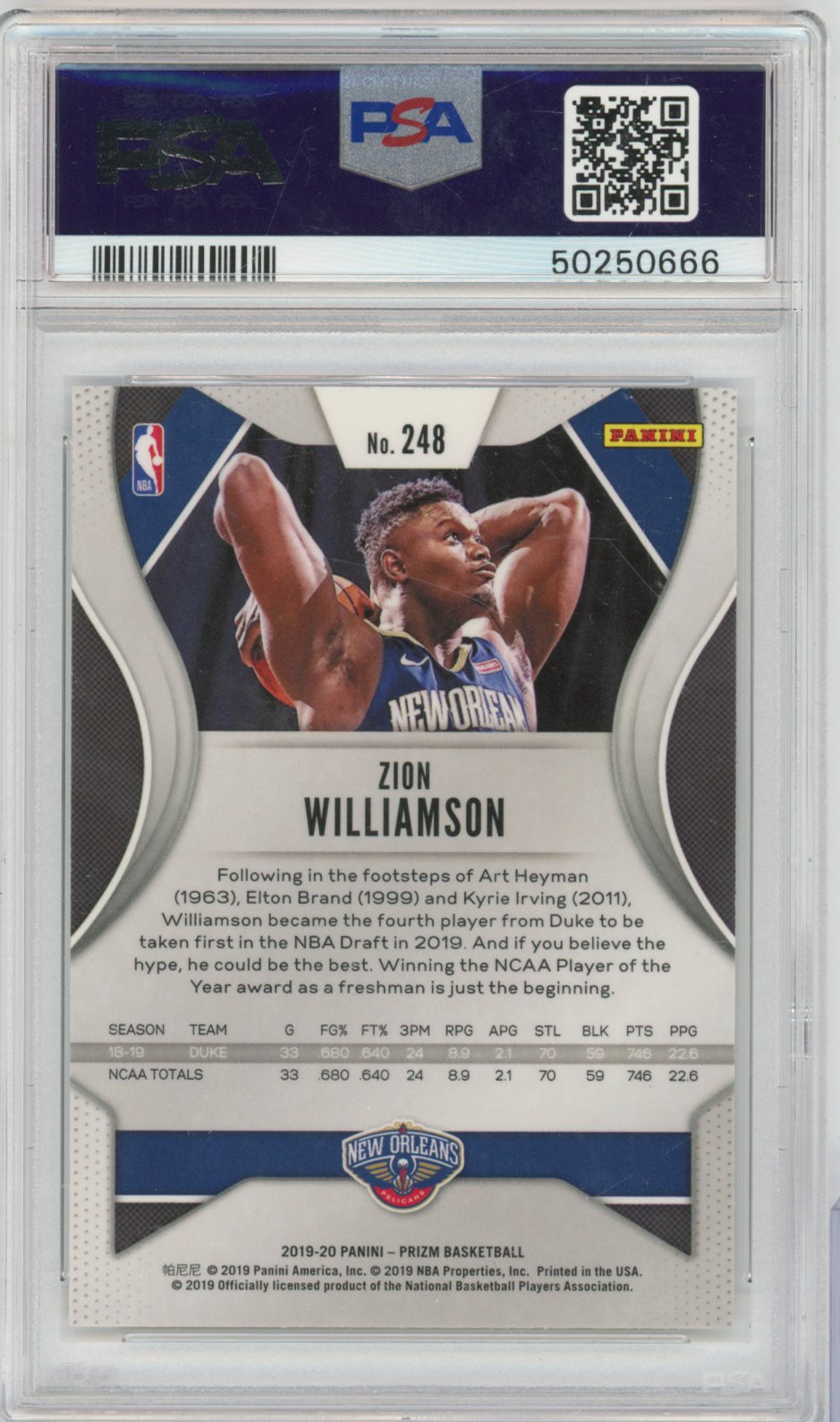 2019 Panini Prizm Basketball Zion Williamson #248 Zion Williamson Prizm English PSA 10