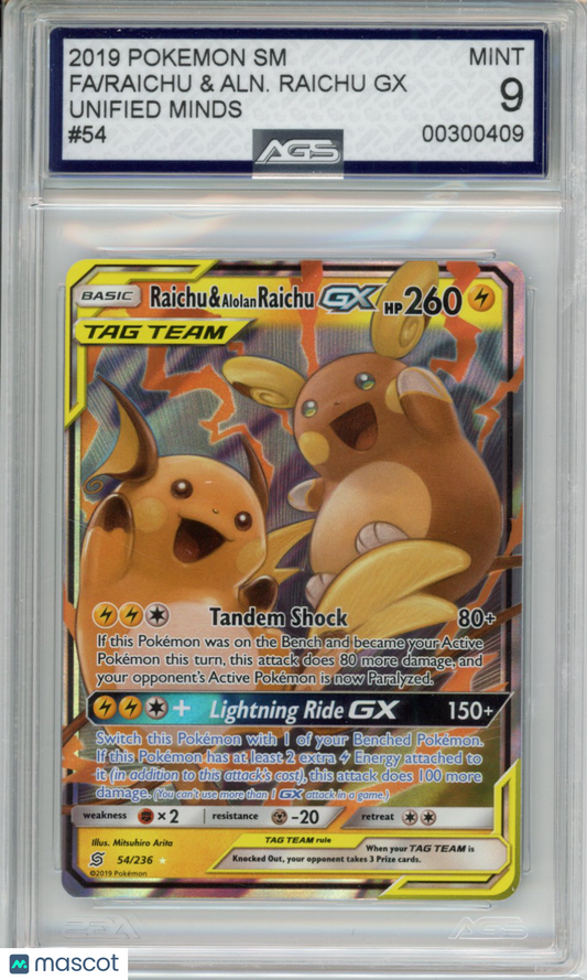 2019 Pokemon Unified Minds Raichu & Alolan Raichu GX #054 Unlimited AGS 9