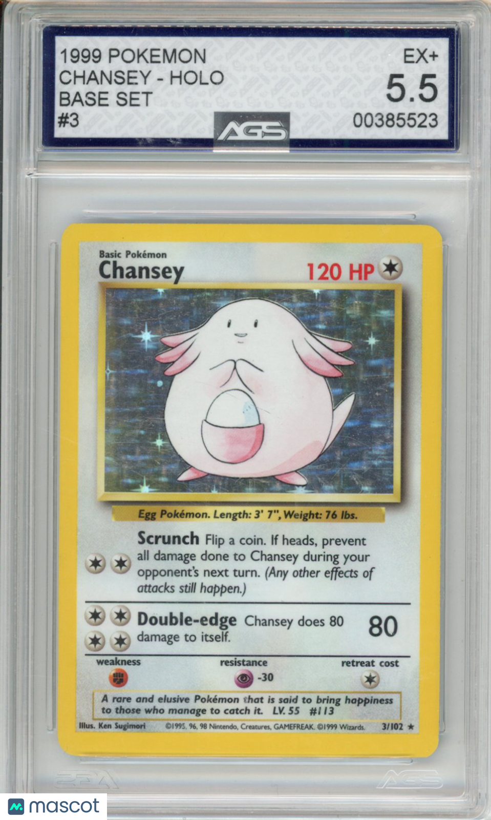 1999 Pokemon Base Set Chansey #003 Unlimited AGS 5.5