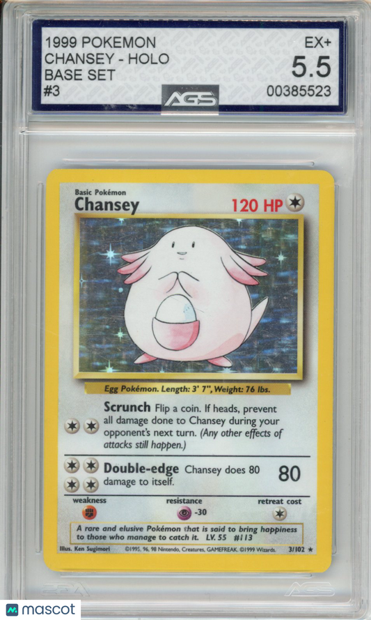 1999 Pokemon Base Set Chansey #003 Unlimited AGS 5.5