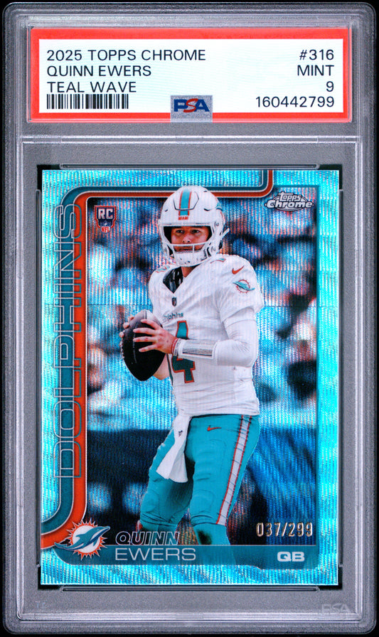 2025 Topps Chrome Football Quinn Ewers #316 Teal Wave Refractor English PSA 9