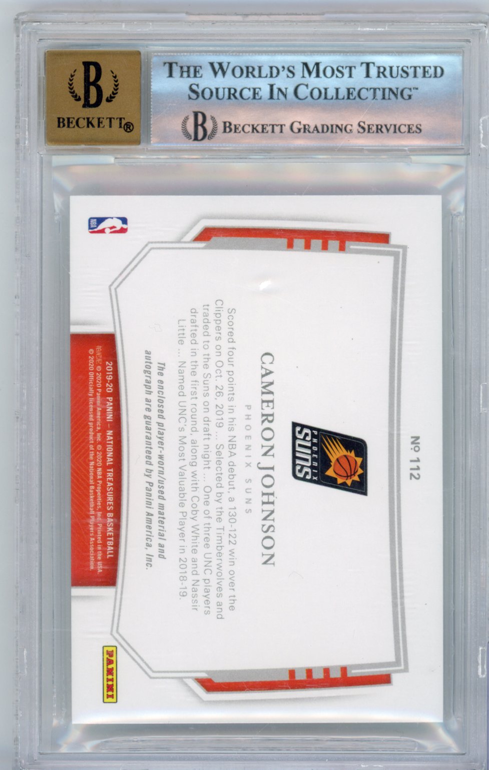 2019 Panini National Treasures Rookie Patch Autographs Horizontal Bronze Cameron Johnson 112 English BGS 8.5