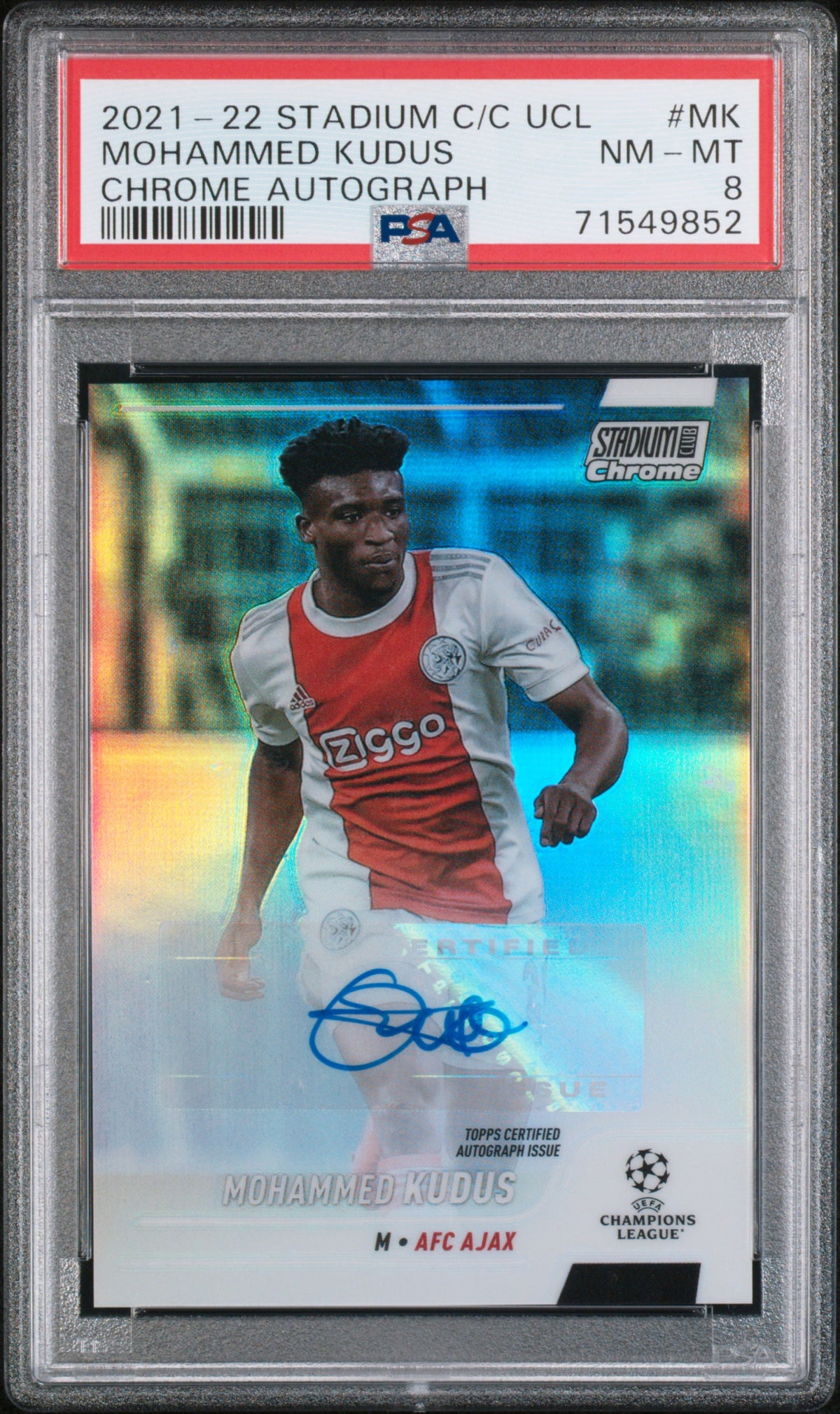 2021 Topps Stadium Club Chrome UEFA Champions League Soccer Mohammed Kudus #CA-MK Stadium Club Chrome UEFA Champions League Autographs English PSA 8