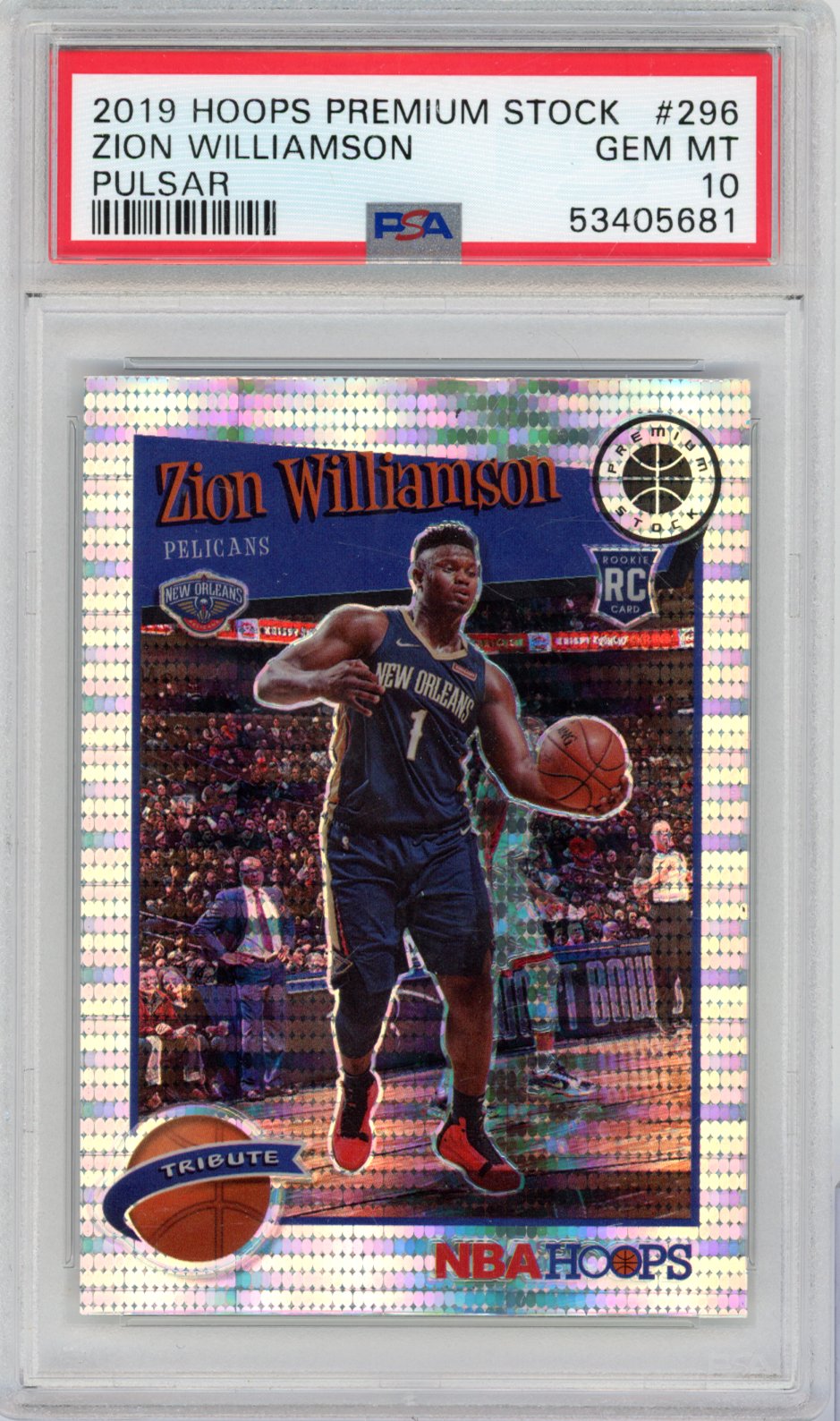 2019 Panini Panini Panini Panini Zion Williamson Panini Hoops Premium Stock Tribute Basketball #296 Pulsar English PSA 10