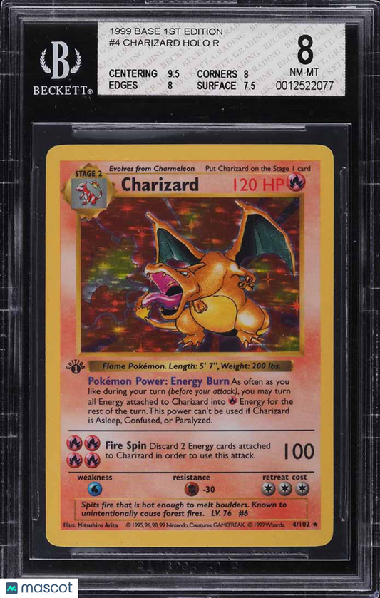 1999 Pokemon Base Set Charizard #4/102 1st Edition Shadowless BGS 8