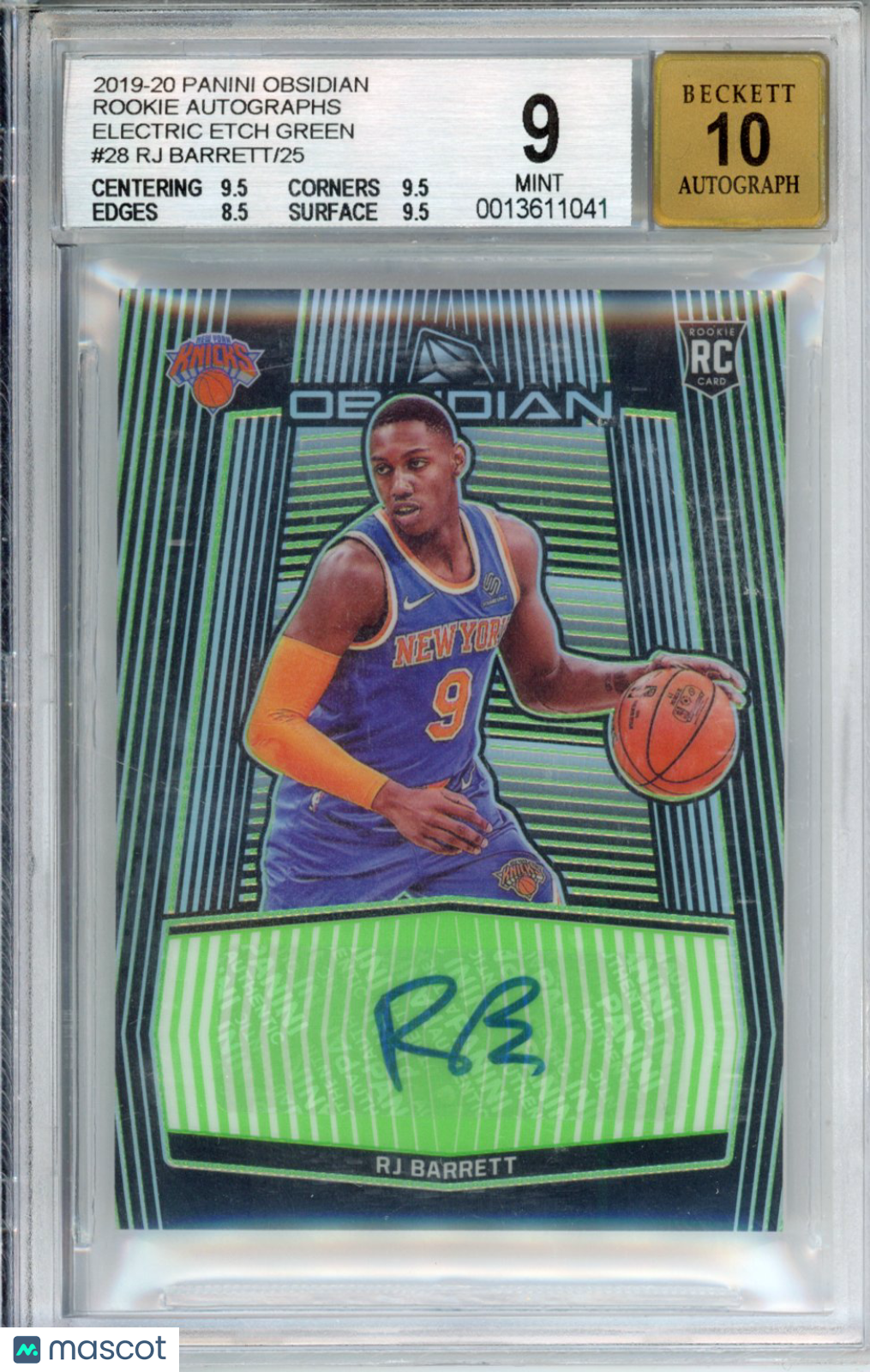 2019 Panini Obsidian Rookie Auto Electric Etch Green RJ Barrett #28 BGS 9