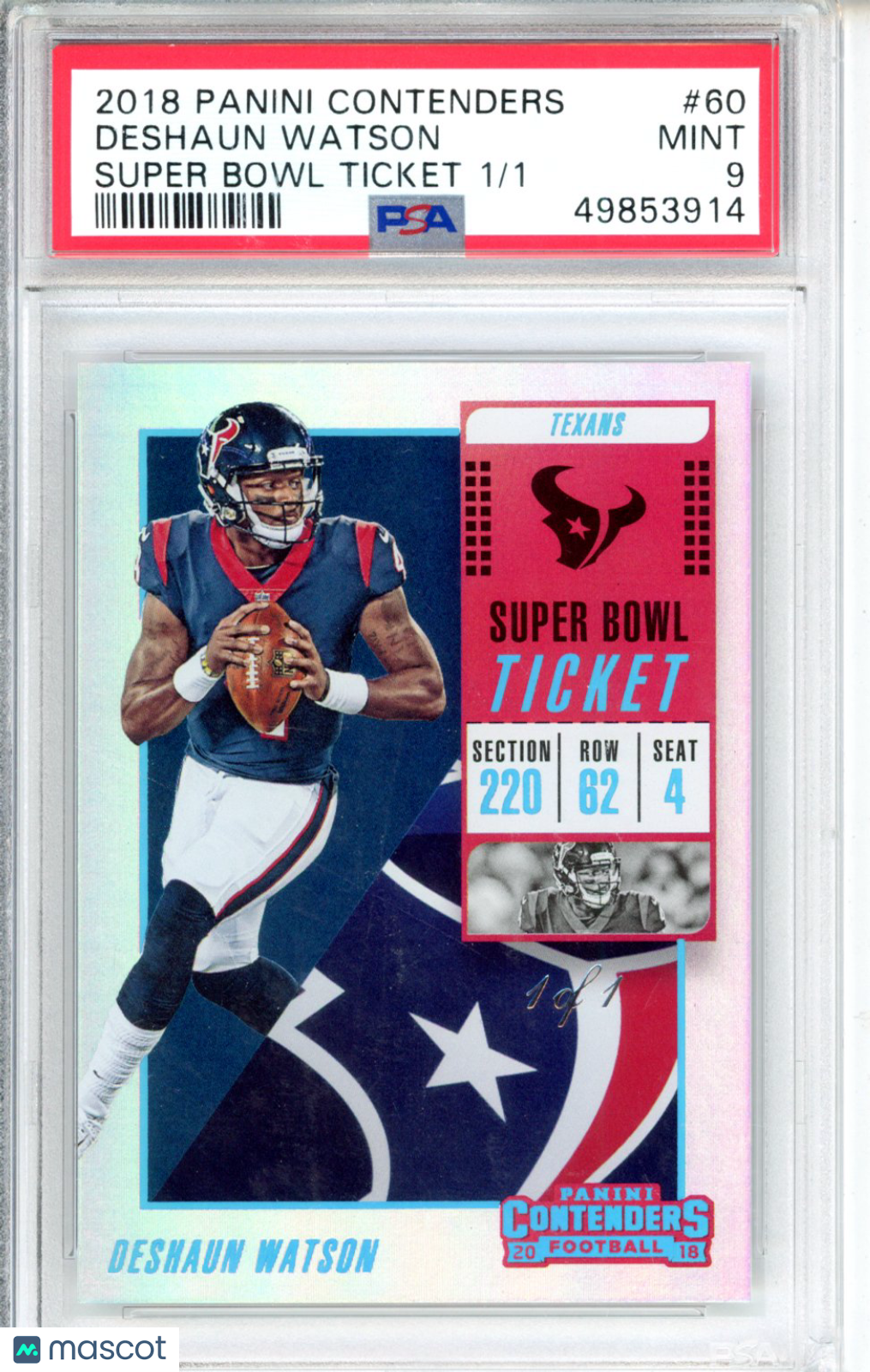 2018 Panini Contenders Deshaun Watson #60 Super Bowl Ticket PSA 9 1/1