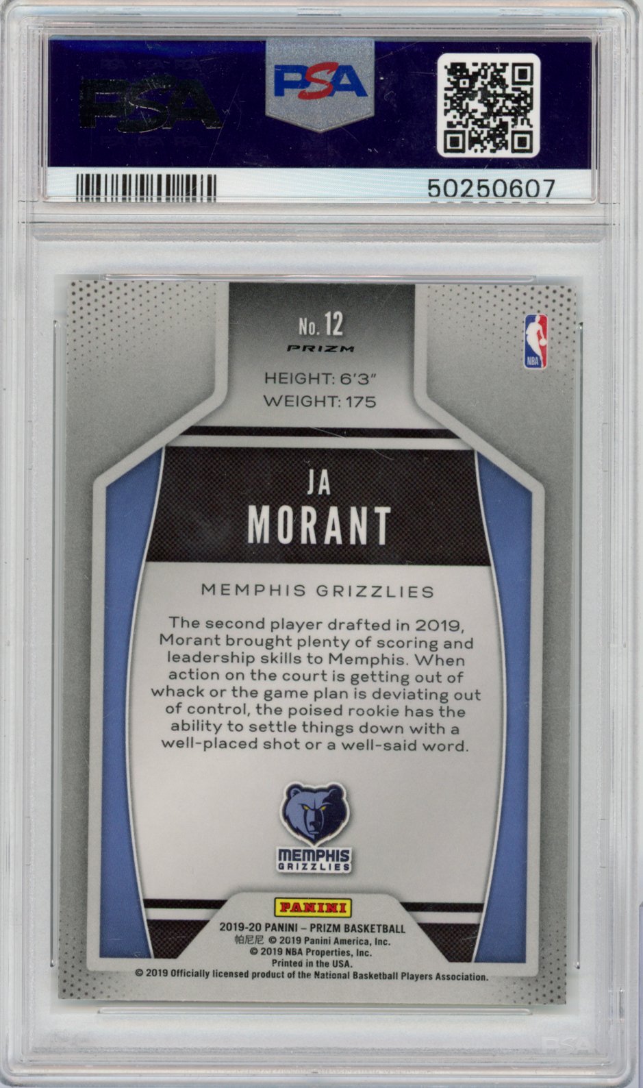 2019 Panini Prizm Basketball Ja Morant #12 Prizm Green English PSA 10