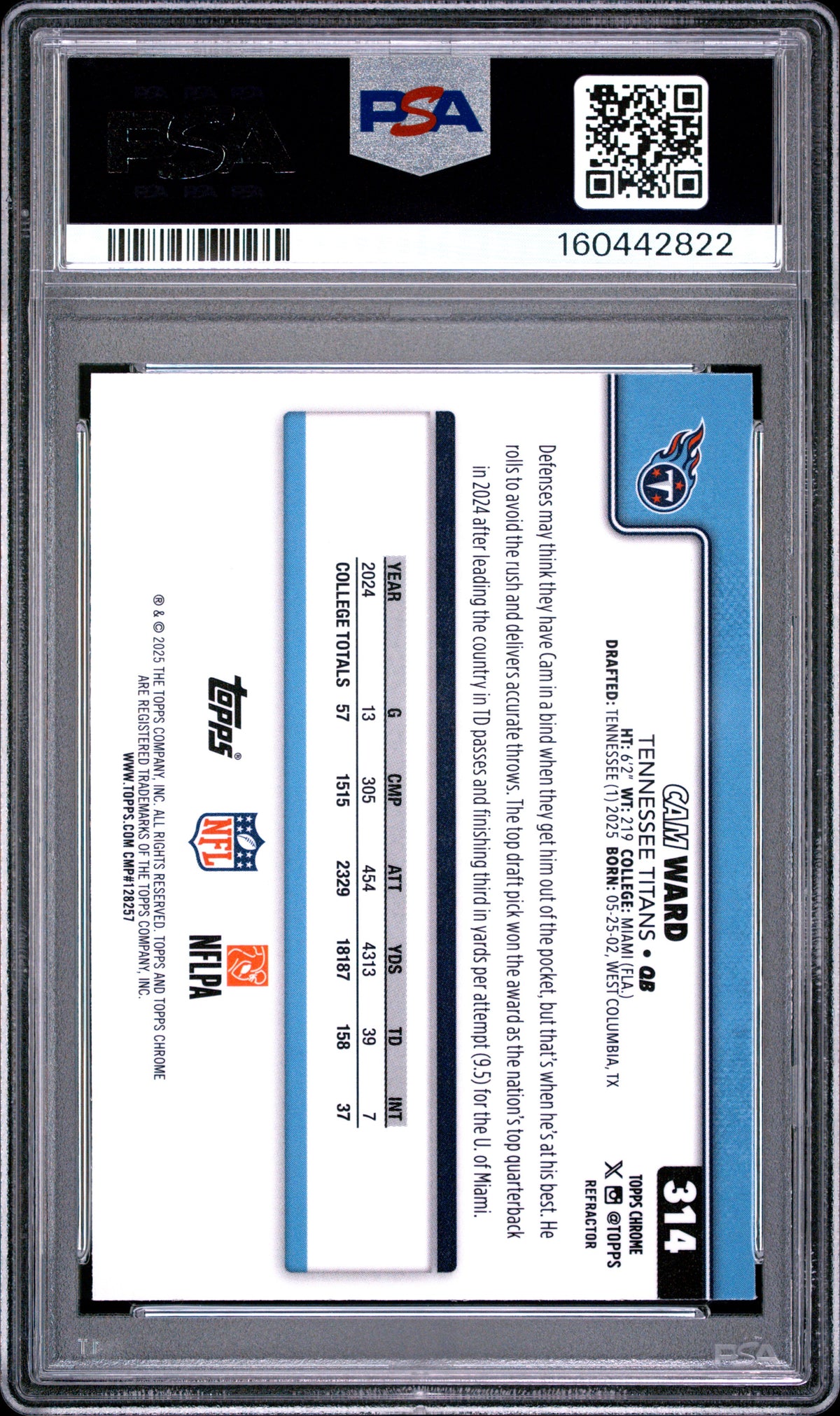 2025 Topps Chrome Football Cam Ward #314 Refractor English PSA 9