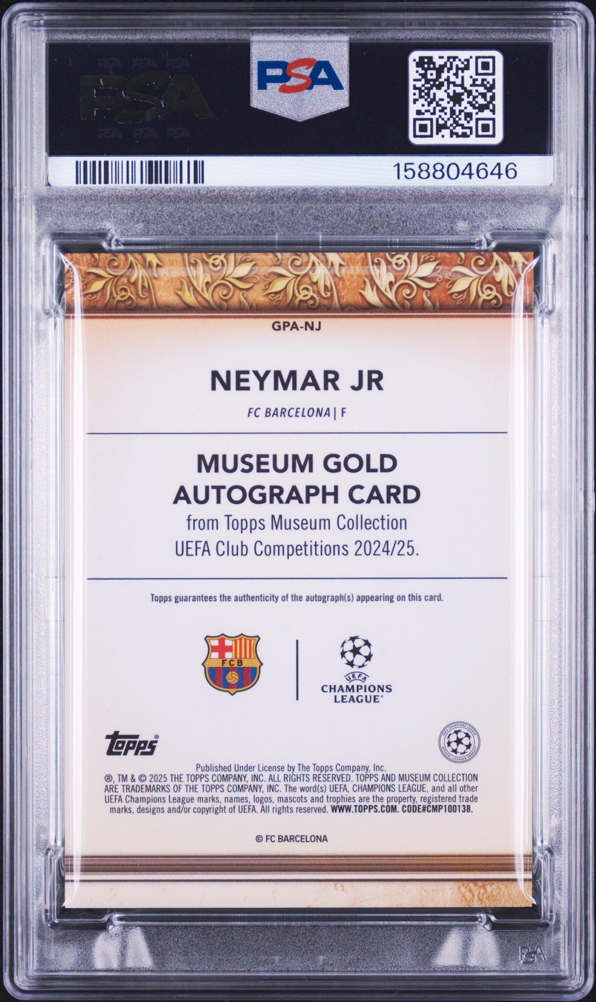 2024 unknown unknown 2025 Topps Museum Collection UEFA Club Competitions Museum Gold Autographs Neymar Jr Emerald 1/1 NJ English PSA 8
