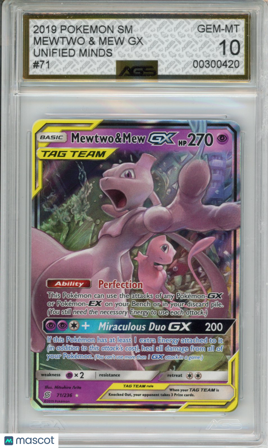 2019 Pokemon Unified Minds Mewtwo & Mew GX #071 AGS 10
