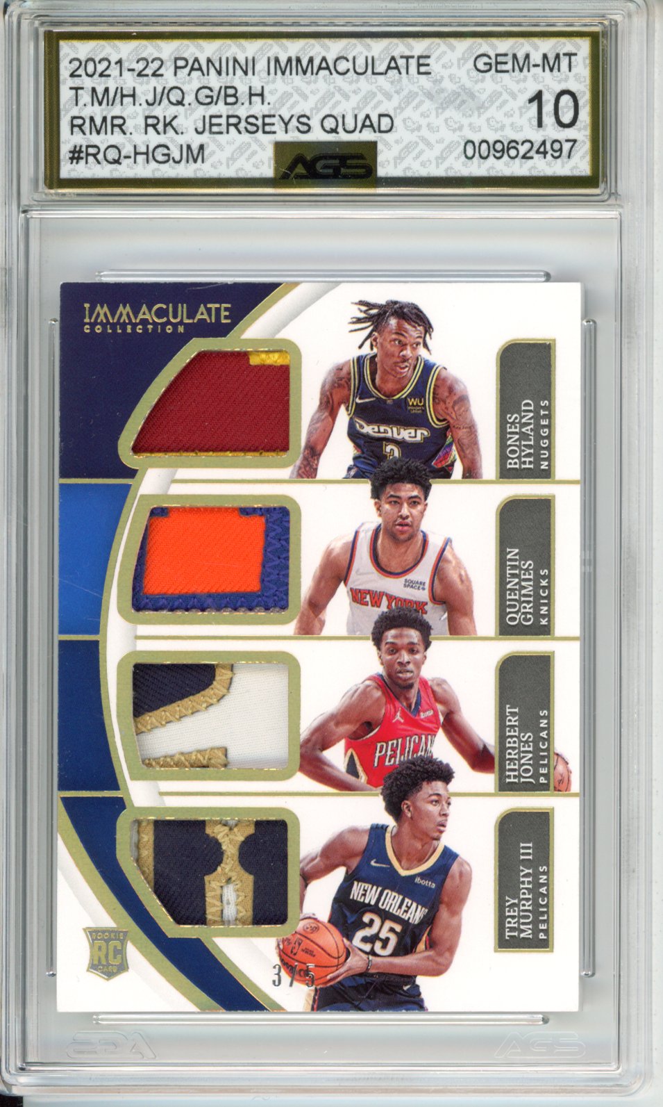 Panini 2021-22 IMMACULATE Trey Murphy III / Herbert Jones / Quentin Grimes / Bones Hyland #RQ-HGJM REMARKABLE JERSEYS QUAD English RC AGS 10