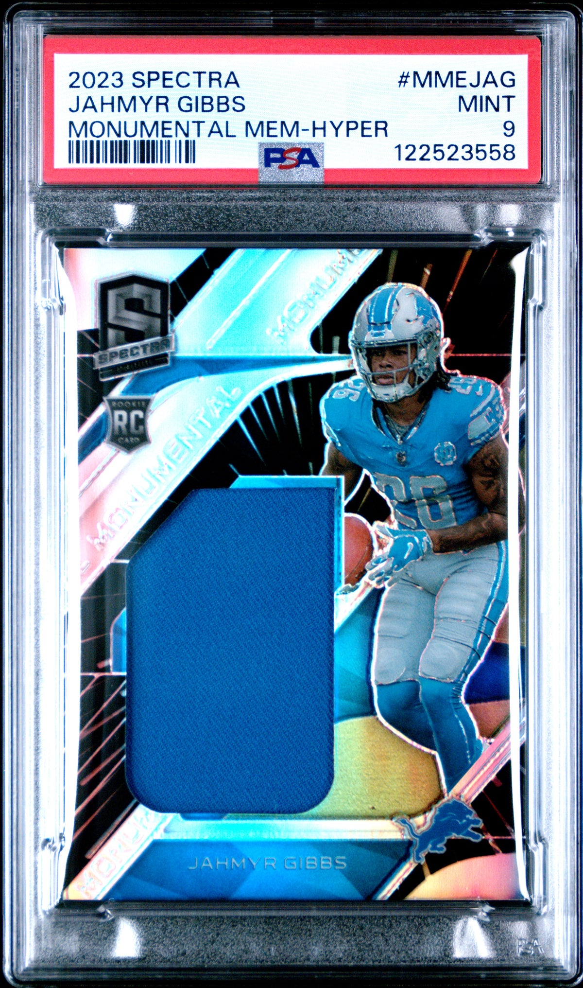2023 Panini SPECTRA MONUMENTAL MEMORABILIA JAHMYR GIBBS #MMEJAG MONUMENTAL MEM-HYPER English PSA 9