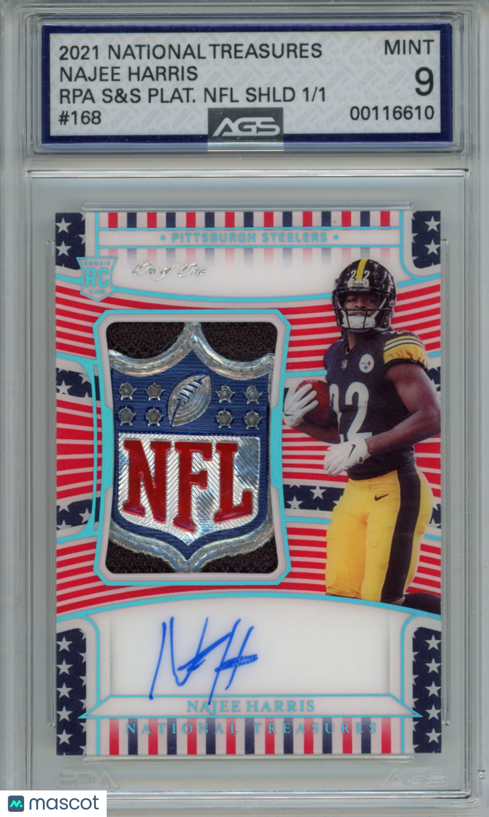 2021 National Treasures Najee Harris #168 Rookie Patch Auto RPA Shield 1/1 RC AGS 9