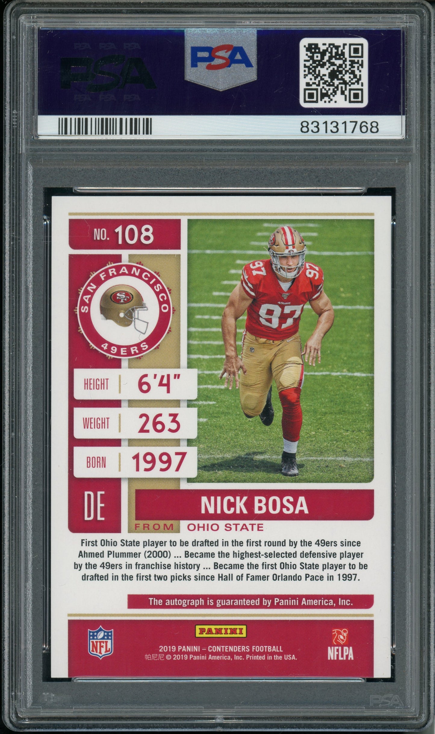 2019 Contenders Nick Bosa #108 Helmet Autograph Red Zone PSA 10 Rookie Auto 10
