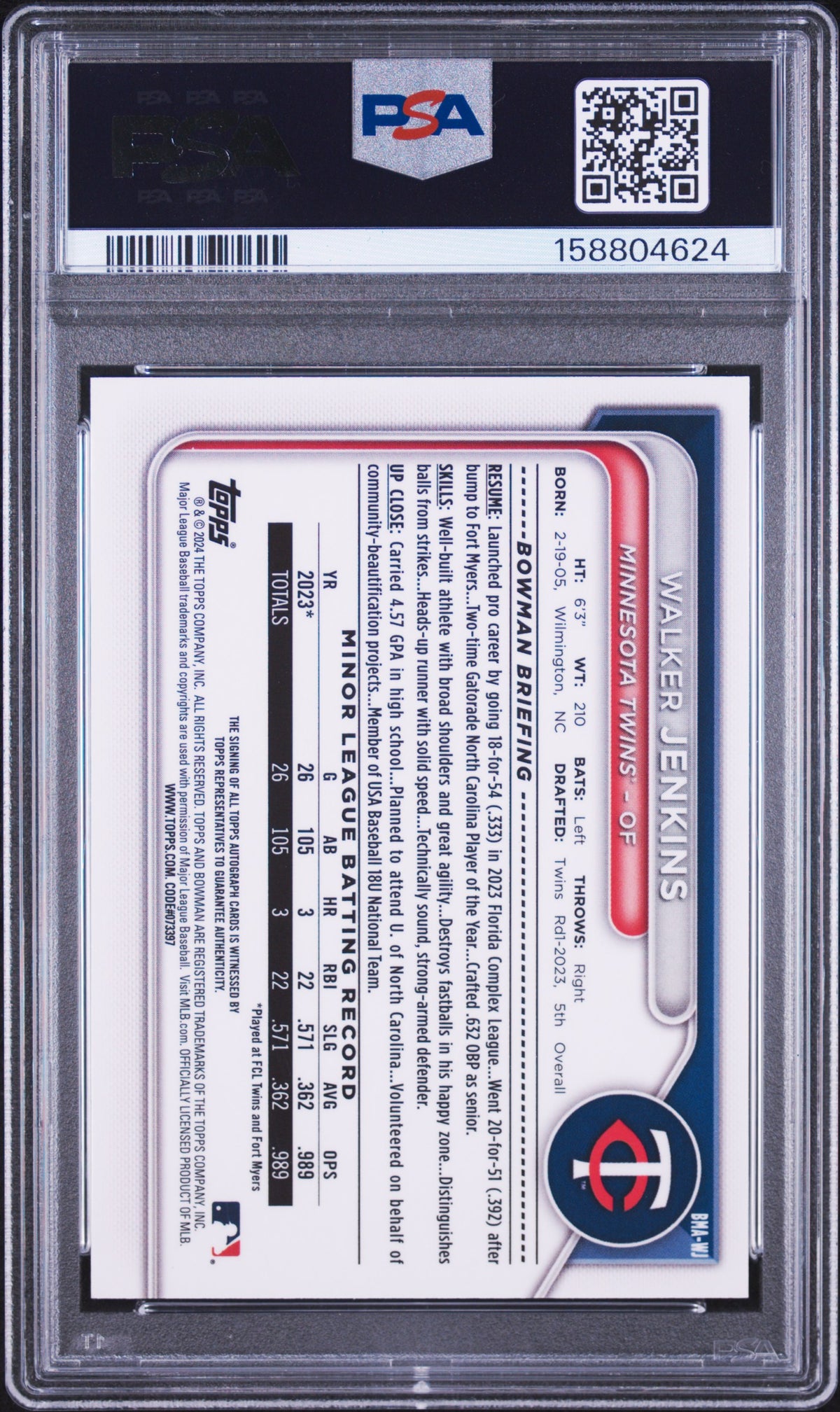 2024 Bowman Mega Box Chrome Bowman Prospect Mega Autographs Walker Jenkins Blue Refractor WJ English PSA 10