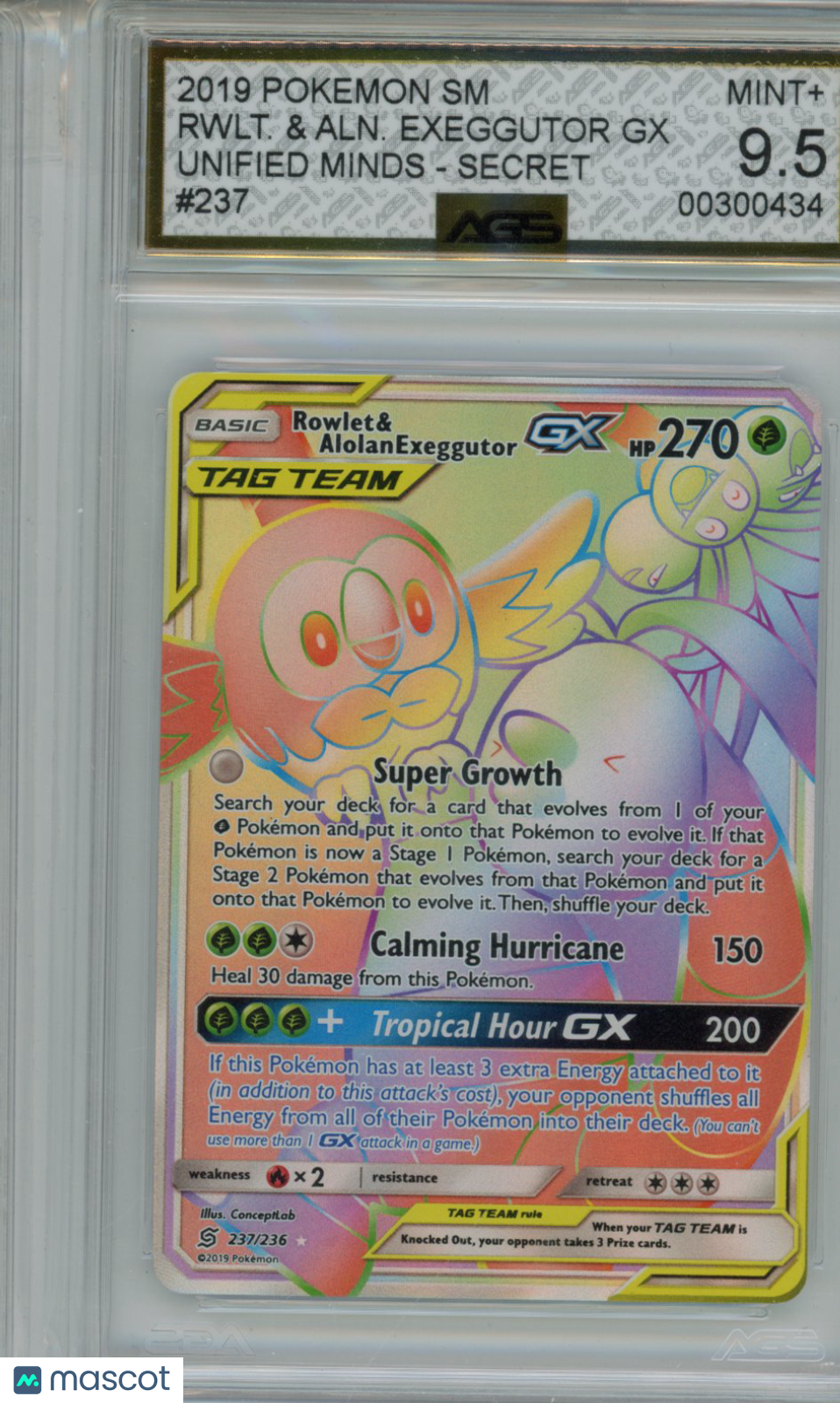 2019 Pokemon Unified Minds Rowlet & Alolan Exeggutor GX #237 AGS 9.5