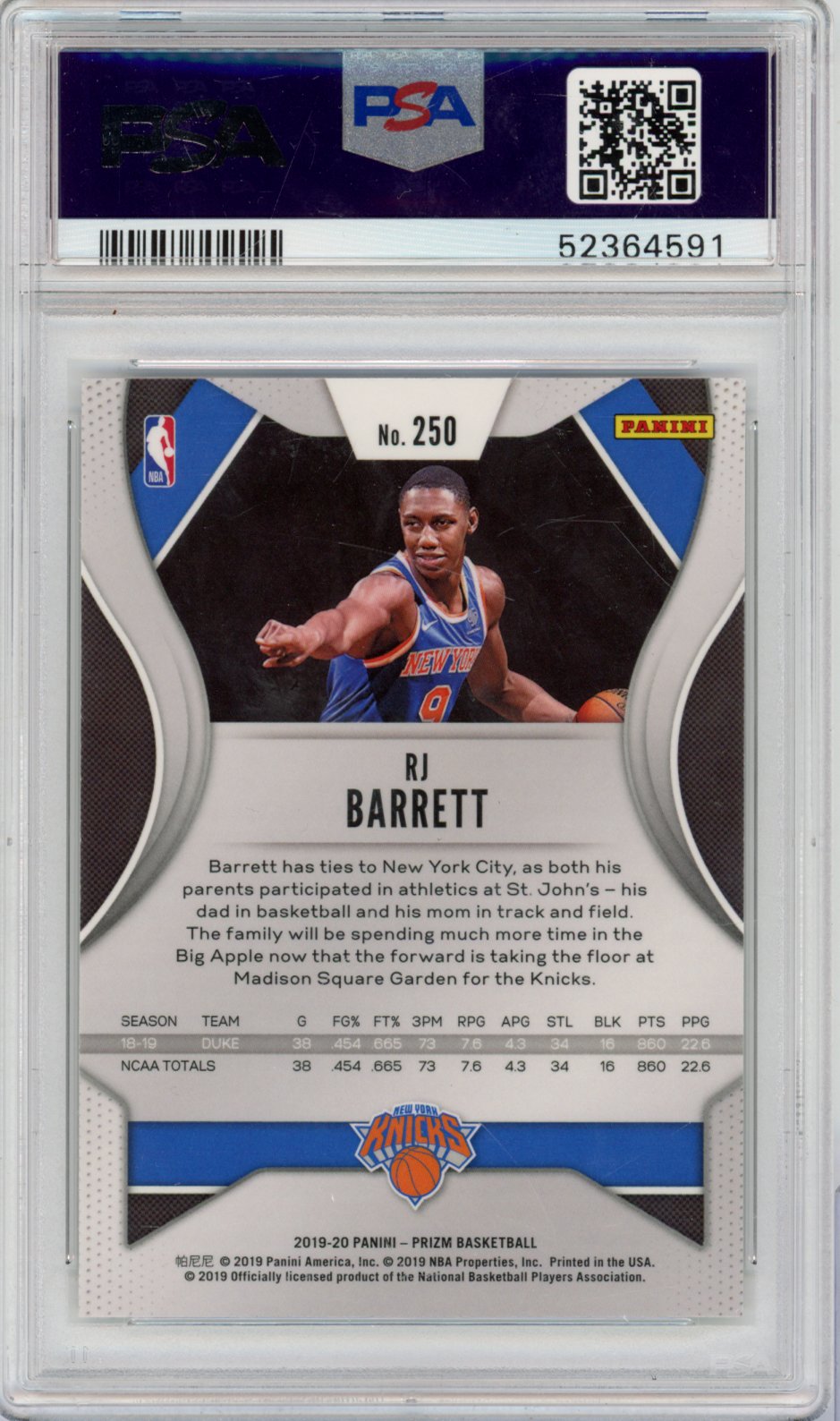 2019 Panini Prizm Basketball RJ Barrett #250 RJ Barrett Prizm English PSA 10