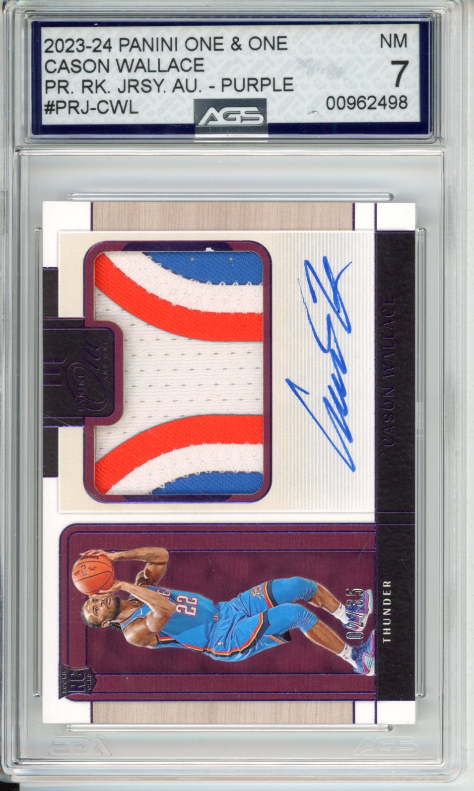 Panini 2023-24 ONE & ONE CASON WALLACE #PRJ-CWL PRECISION JERSEY AUTOGRAPHS - PURPLE English RC AGS 7