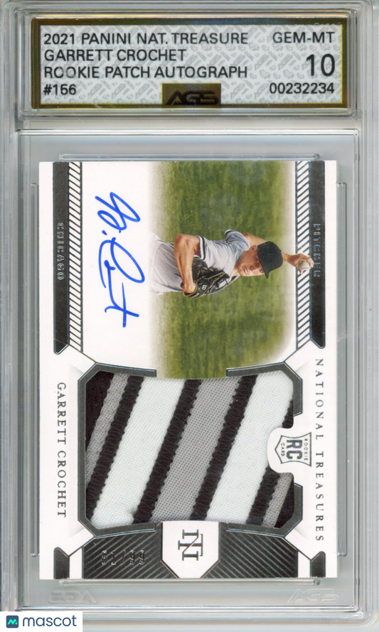 2021 Panini National Treasures Garrett Crochet #156 Rookie Patch Auto /99 AGS 10
