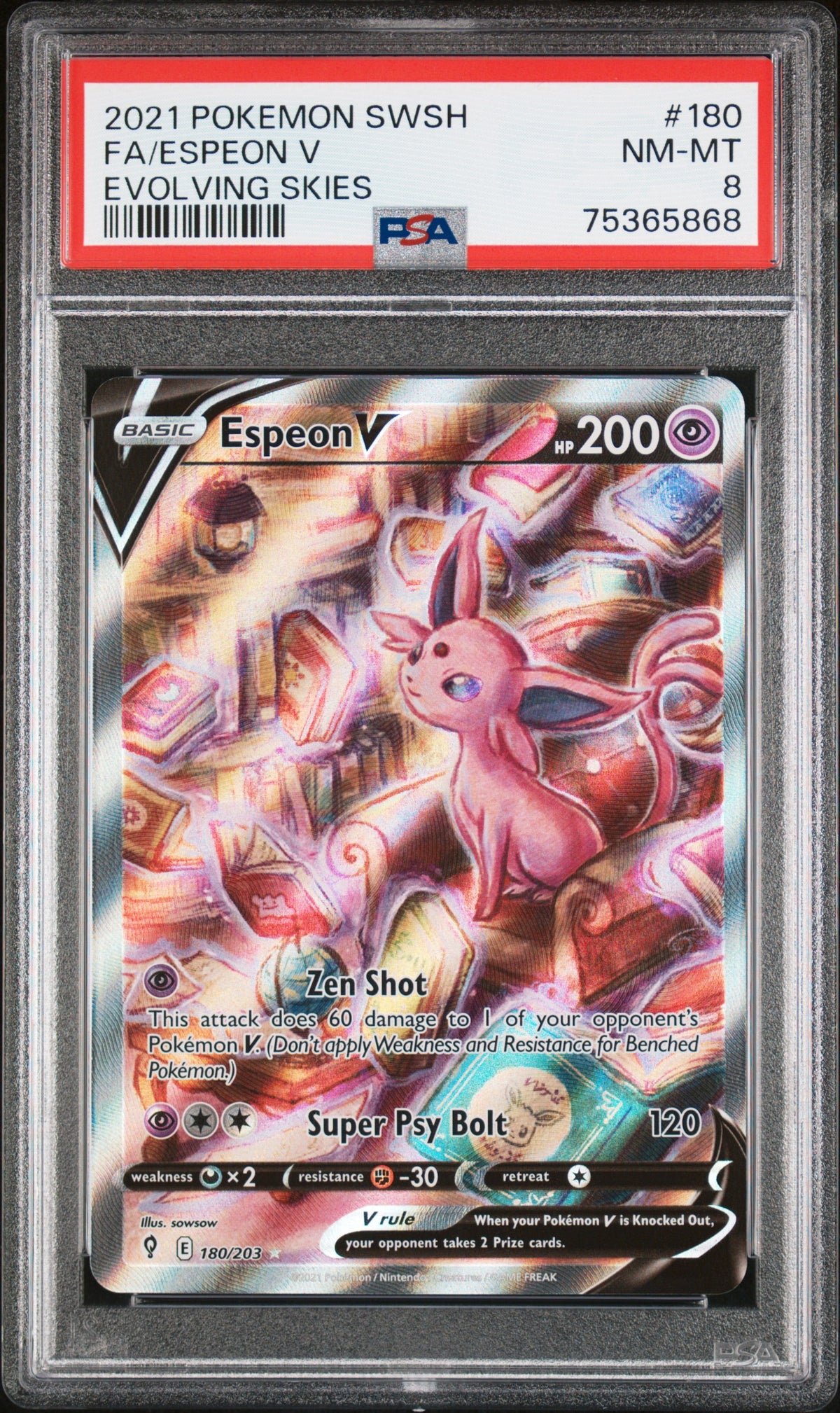 2021 SWSH07: Evolving Skies Espeon #180 Full Art English PSA 8