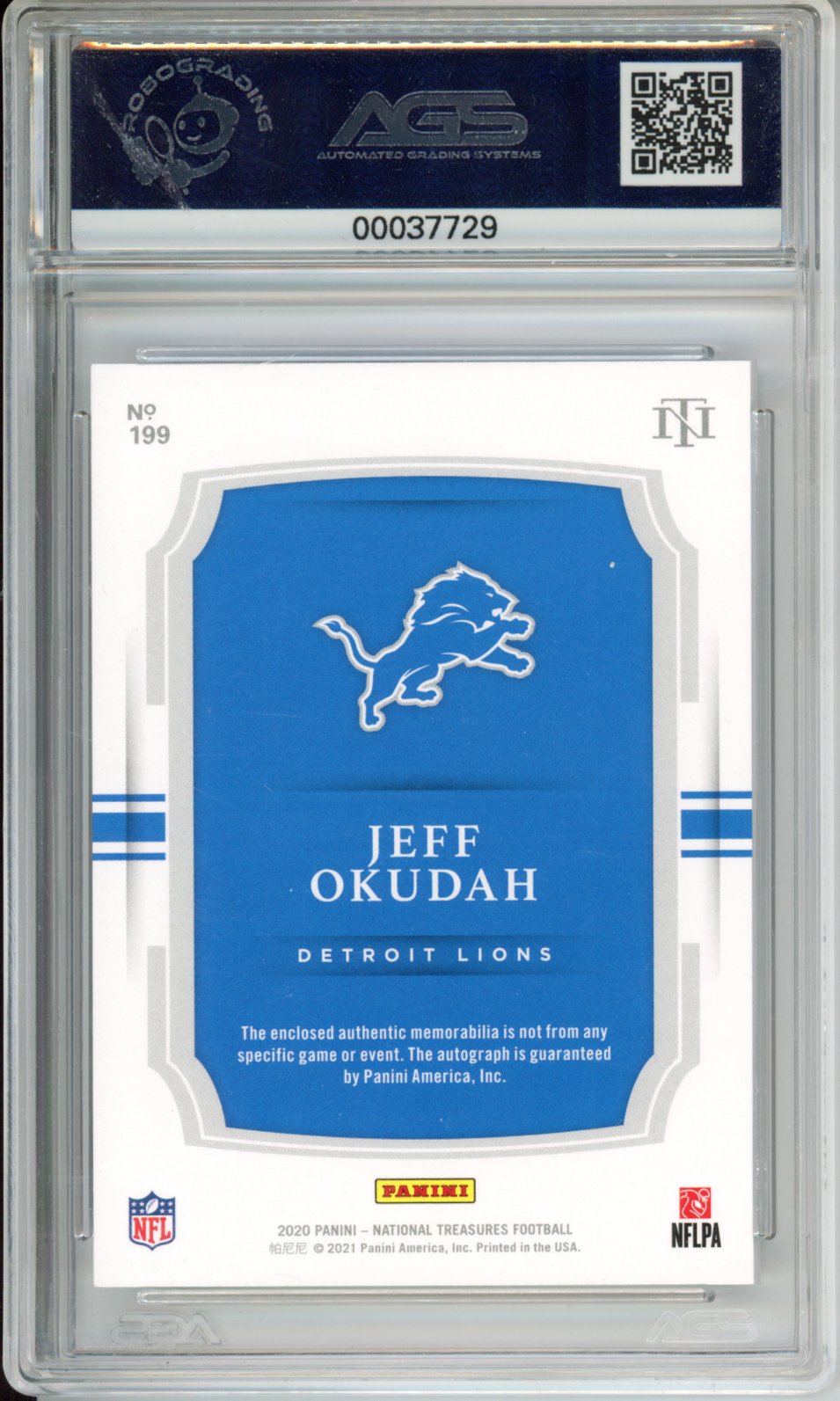 2020 Panini National Treasures Jeff Okudah #199 RPA /99 AGS 9